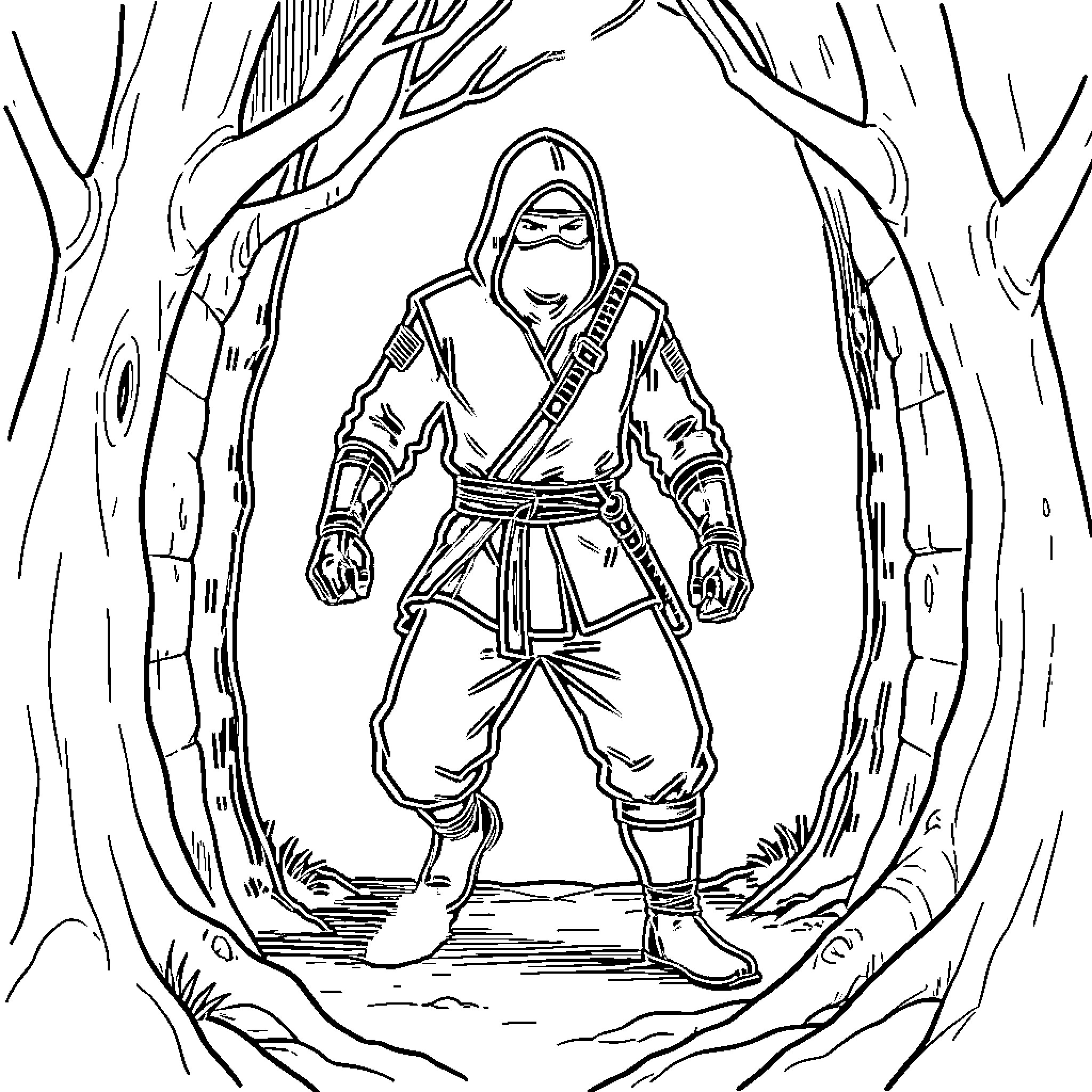 Ninja Warrior in the Mysterious Forest Coloring Page (free black-and-white line drawing printable PDF for all, from beginners to advanced learners, including children, teens, adults, and seniors)