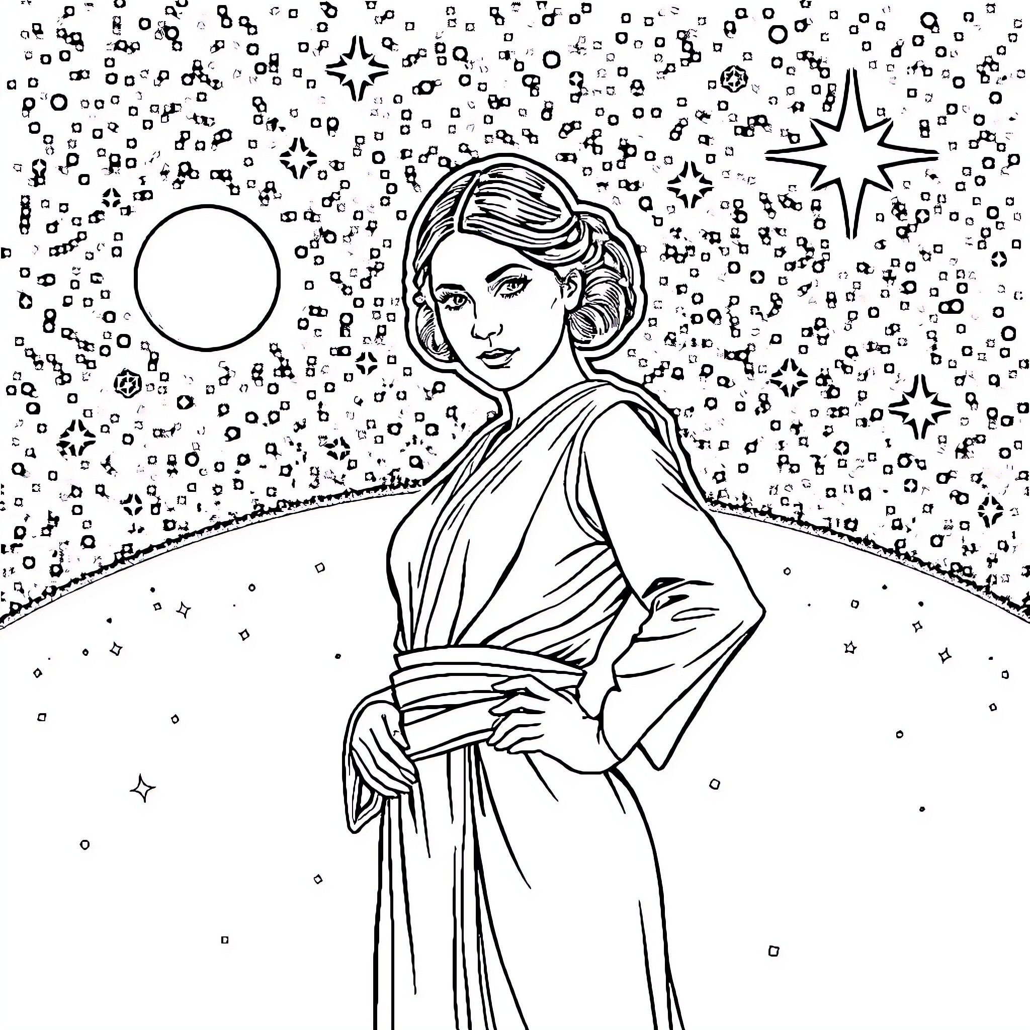 Princess in a Starry Night Coloring Page (free black-and-white line drawing printable PDF for all, from beginners to advanced learners, including children, teens, adults, and seniors)