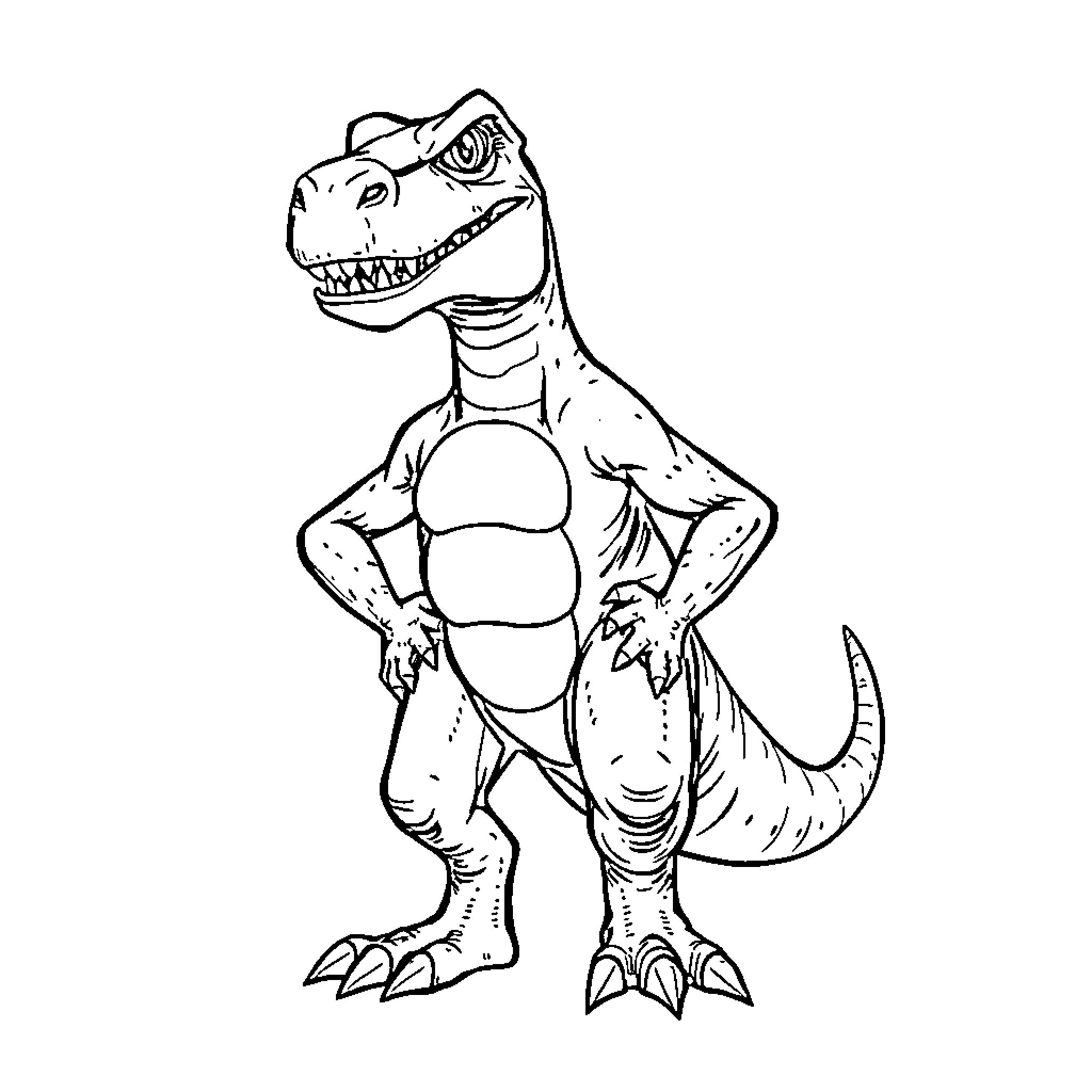Drex the Fierce Dinosaur Strikes a Pose Coloring Page (free black-and-white line drawing printable PDF for all, from beginners to advanced learners, including children, teens, adults, and seniors)