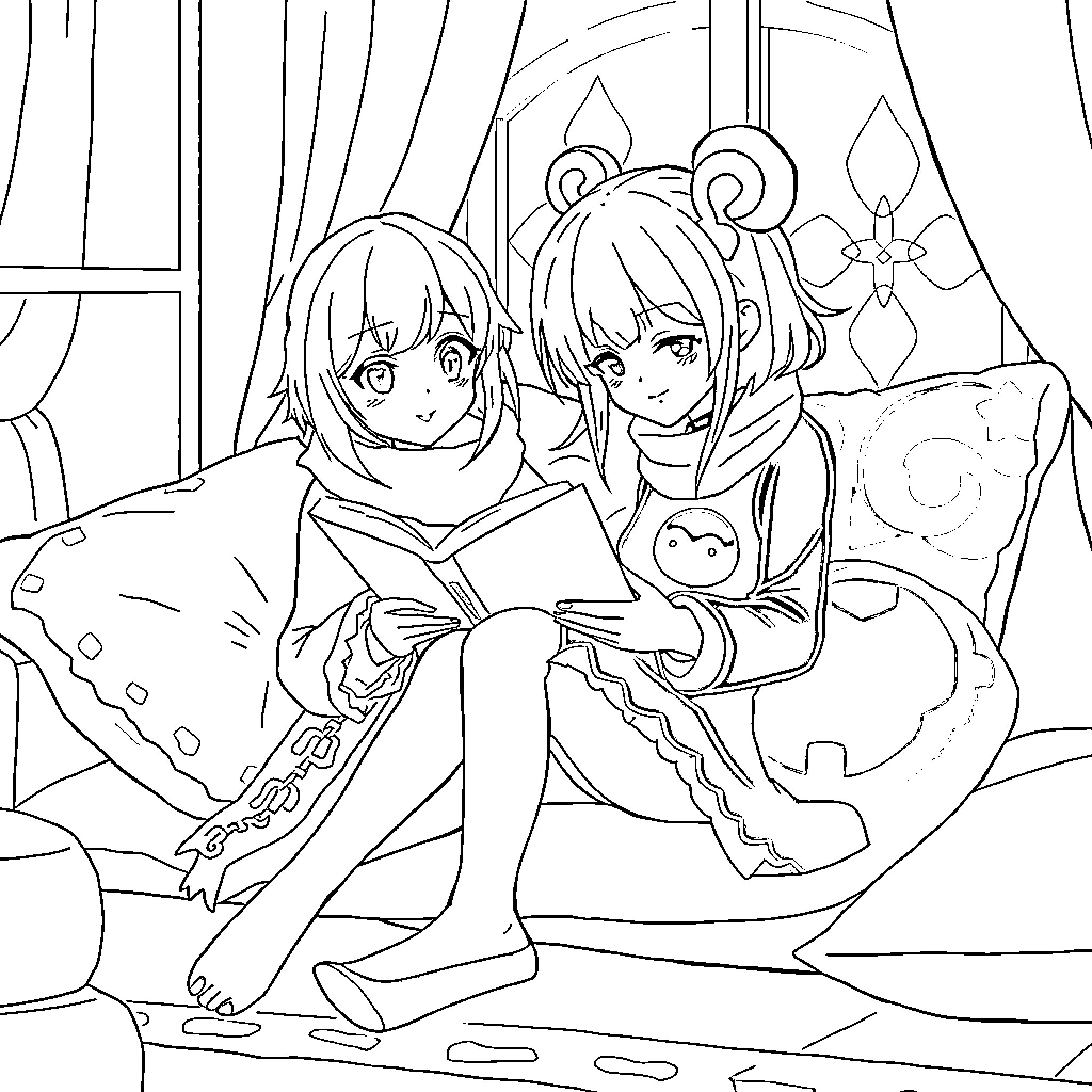 REM: Anime Girls Reading Book Together Coloring Page (free black-and-white line drawing printable PDF for all, from beginners to advanced learners, including children, teens, adults, and seniors)