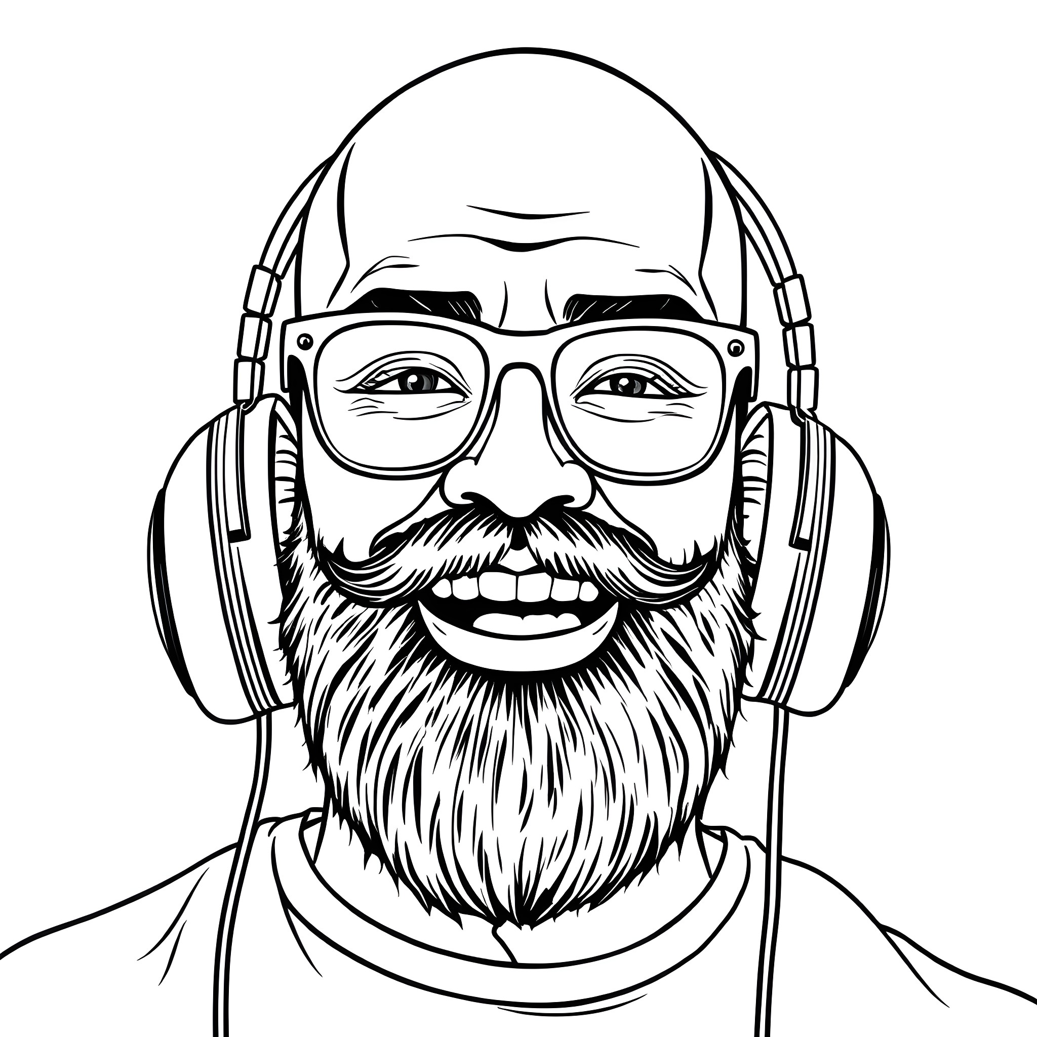 Man with Glasses and Headphones Smiling Coloring Page (free black-and-white line drawing printable PDF for all, from beginners to advanced learners, including children, teens, adults, and seniors)