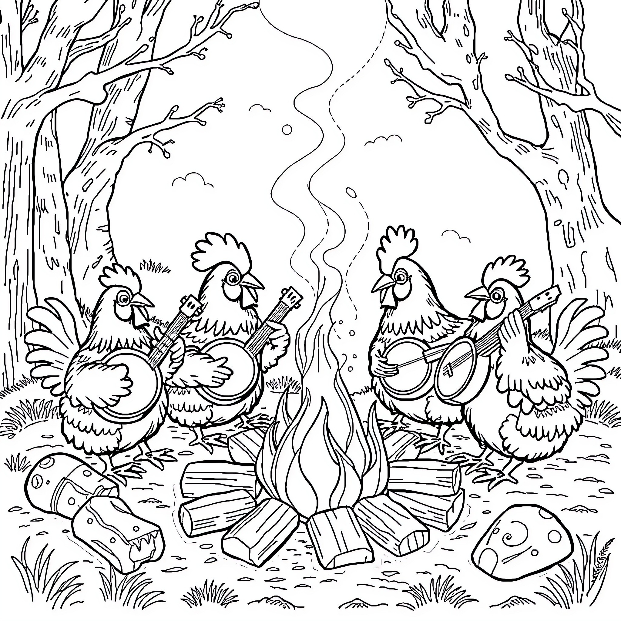 Chickens playing music around campfire in the forest Coloring Page (free black-and-white line drawing printable PDF for all, from beginners to advanced learners, including children, teens, adults, and seniors)