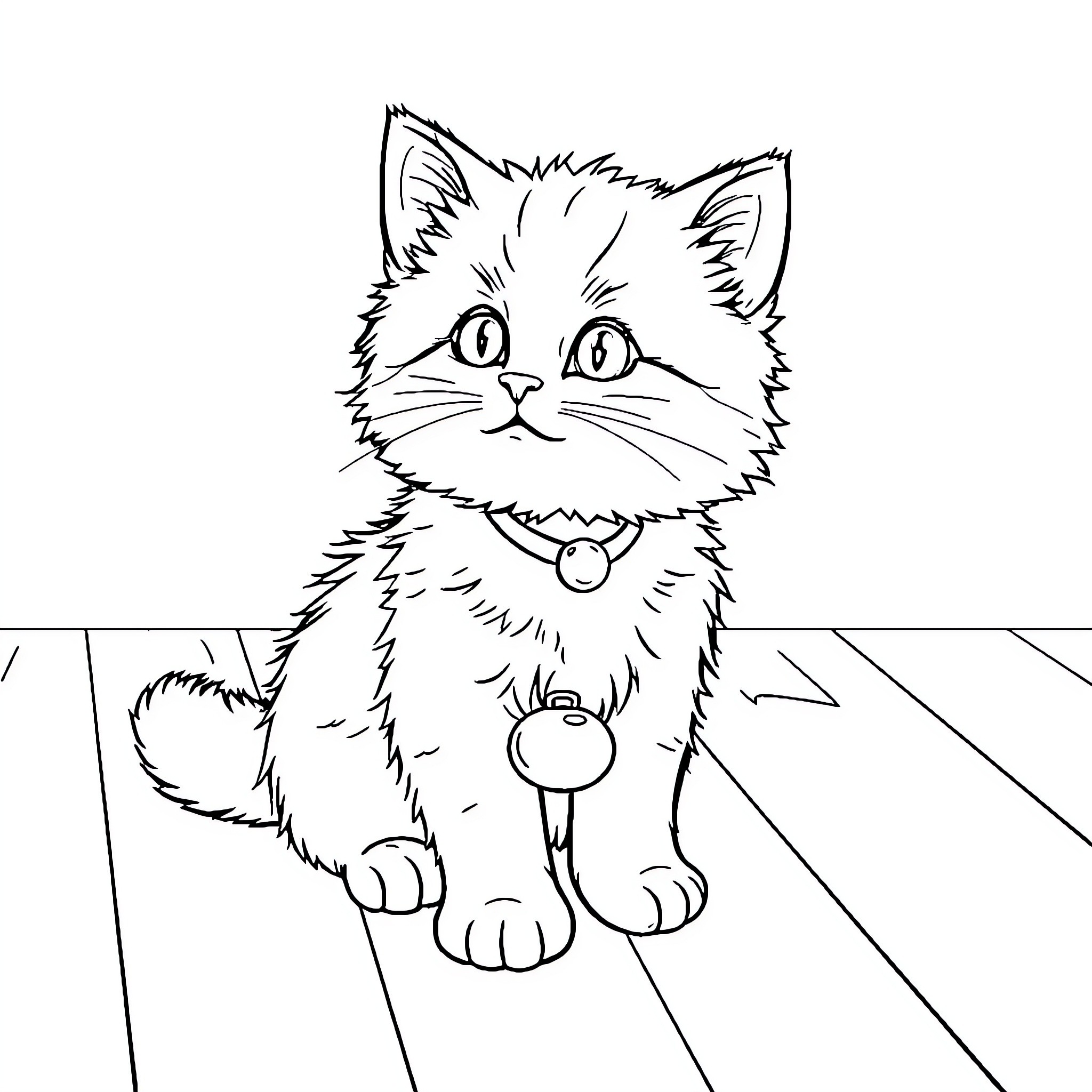 Kitten playing happily on the floor Coloring Page (free black-and-white line drawing printable PDF for all, from beginners to advanced learners, including children, teens, adults, and seniors)