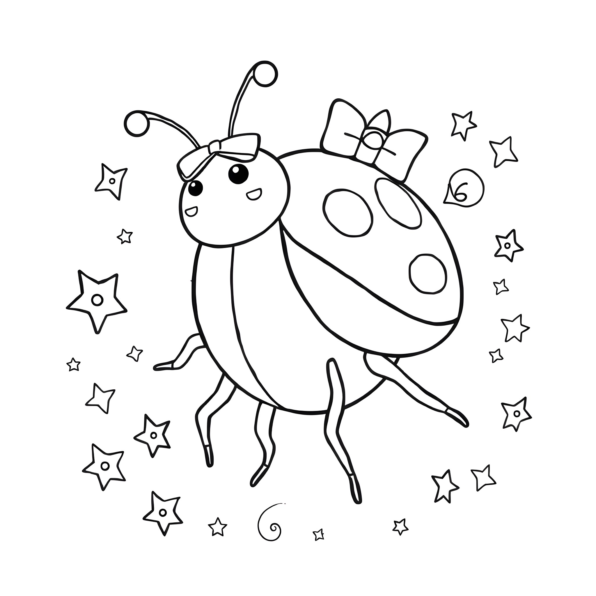Ladybug dancing with stars Coloring Page (free black-and-white line drawing printable PDF for all, from beginners to advanced learners, including children, teens, adults, and seniors)
