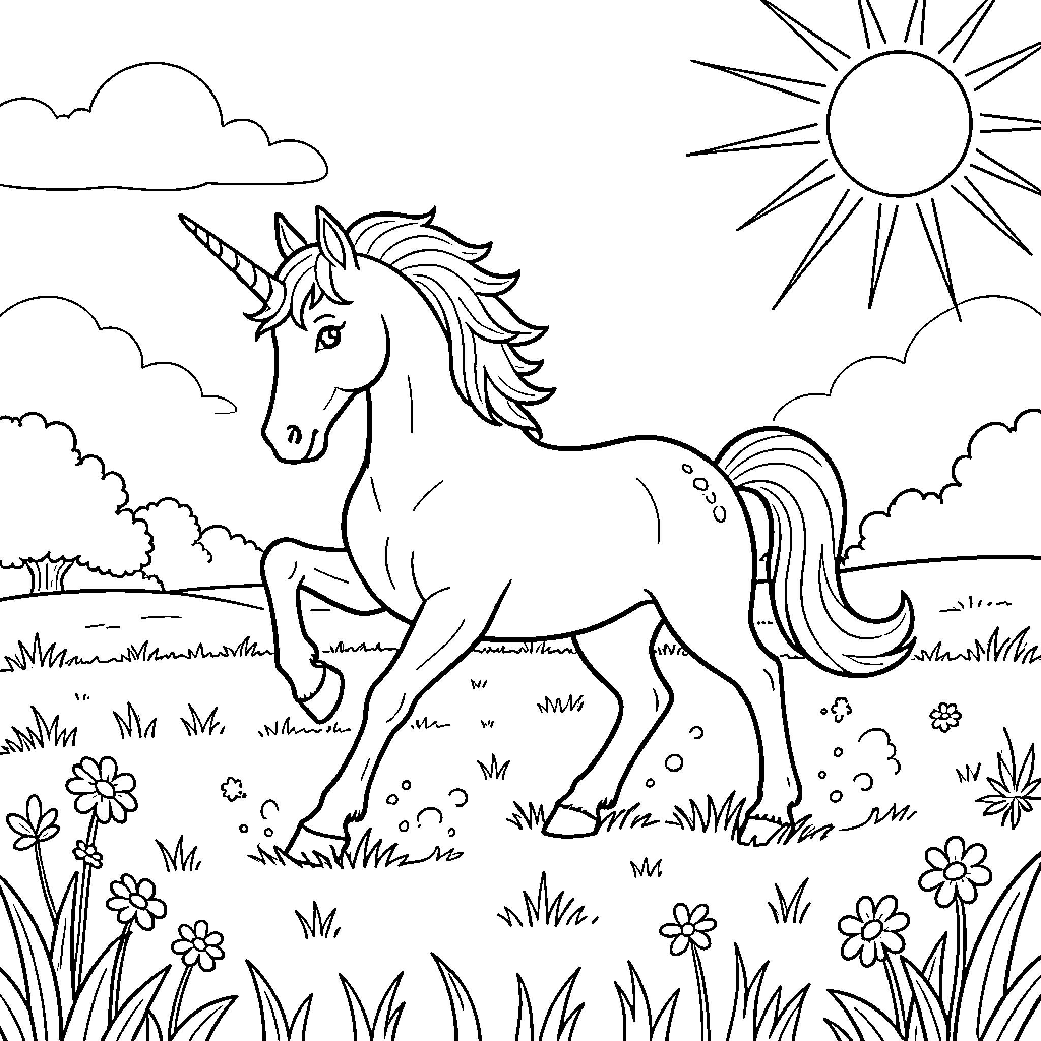 Unicorn standing proudly in a sunny flower meadow Coloring Page (free black-and-white line drawing printable PDF for all, from beginners to advanced learners, including children, teens, adults, and seniors)