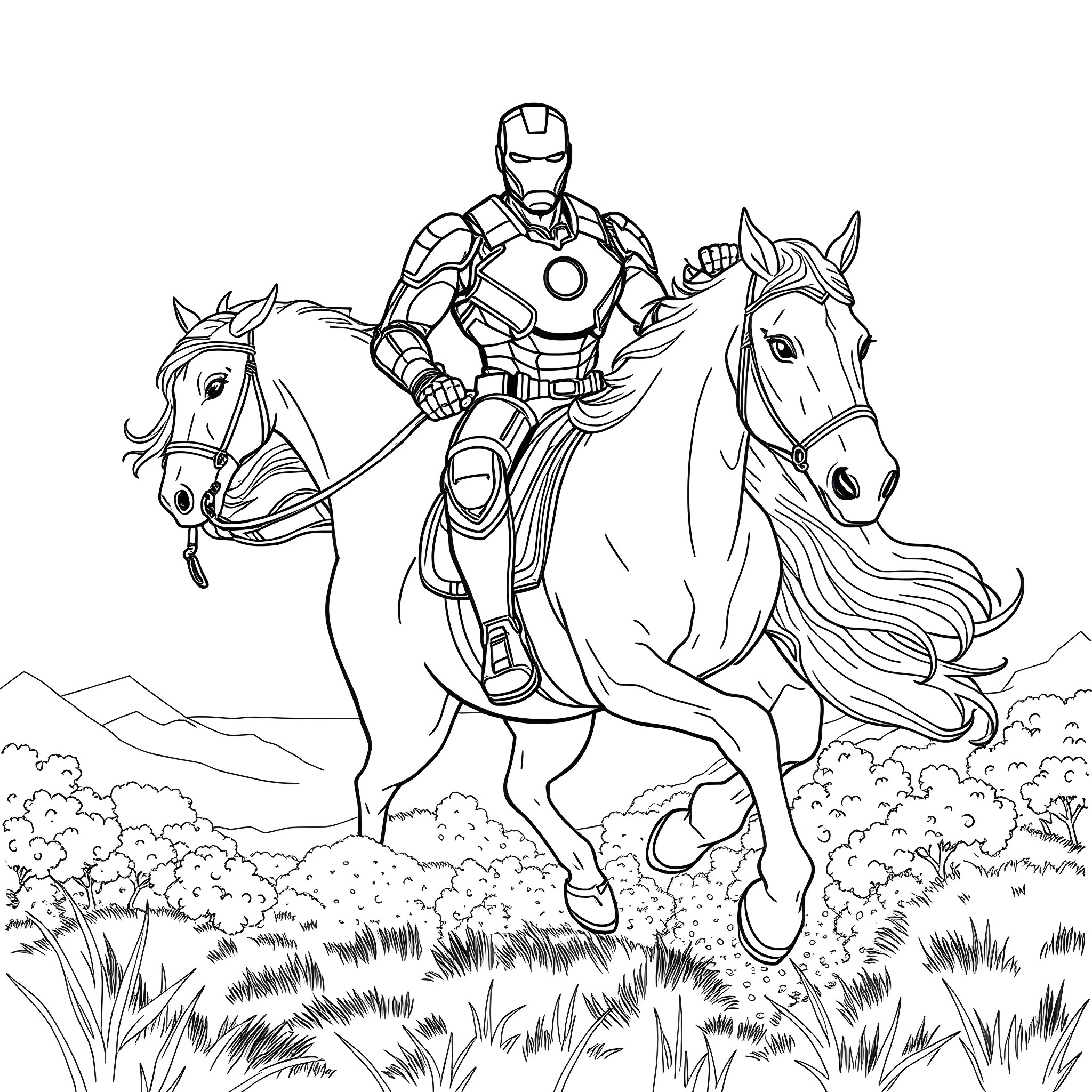 Ironman riding a horse in the wilderness Coloring Page (free black-and-white line drawing printable PDF for all, from beginners to advanced learners, including children, teens, adults, and seniors)
