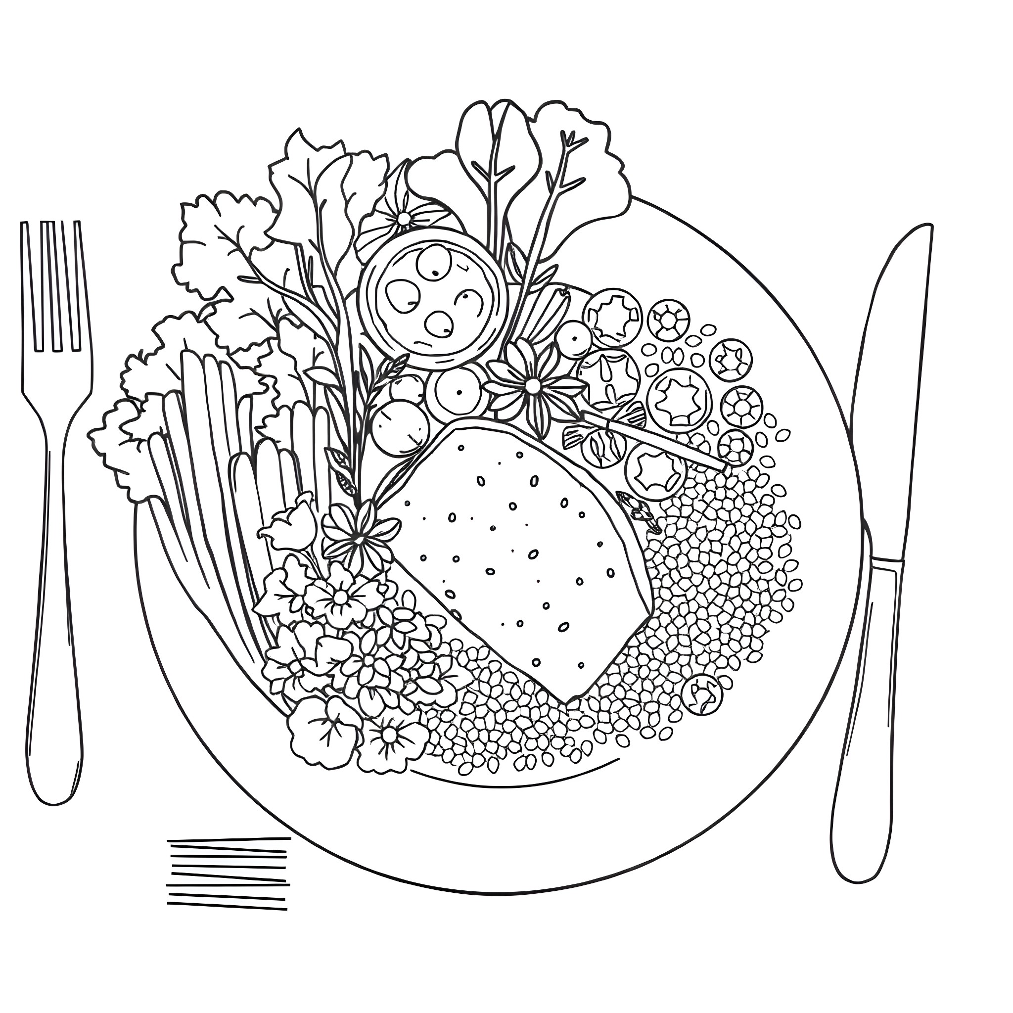 Meal of Decorative Floral and Food Items Coloring Page (free black-and-white line drawing printable PDF for all, from beginners to advanced learners, including children, teens, adults, and seniors)