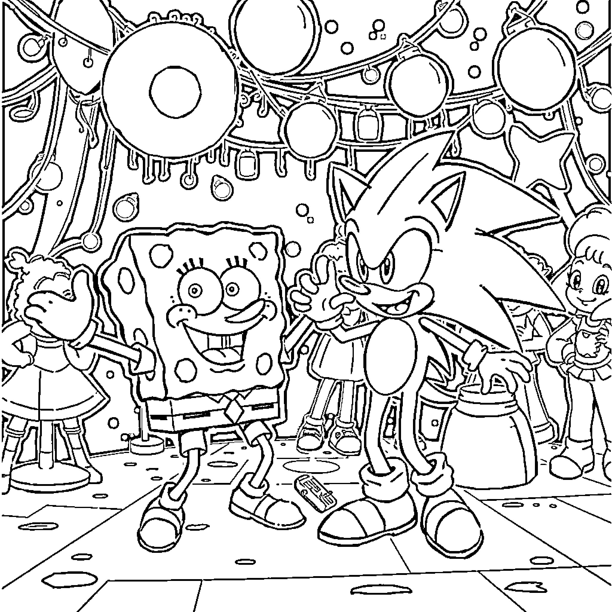 Spongebob and Sonic the Hedgehog in a Lively Cartoon Scene Coloring Page (free black-and-white line drawing printable PDF for all, from beginners to advanced learners, including children, teens, adults, and seniors)