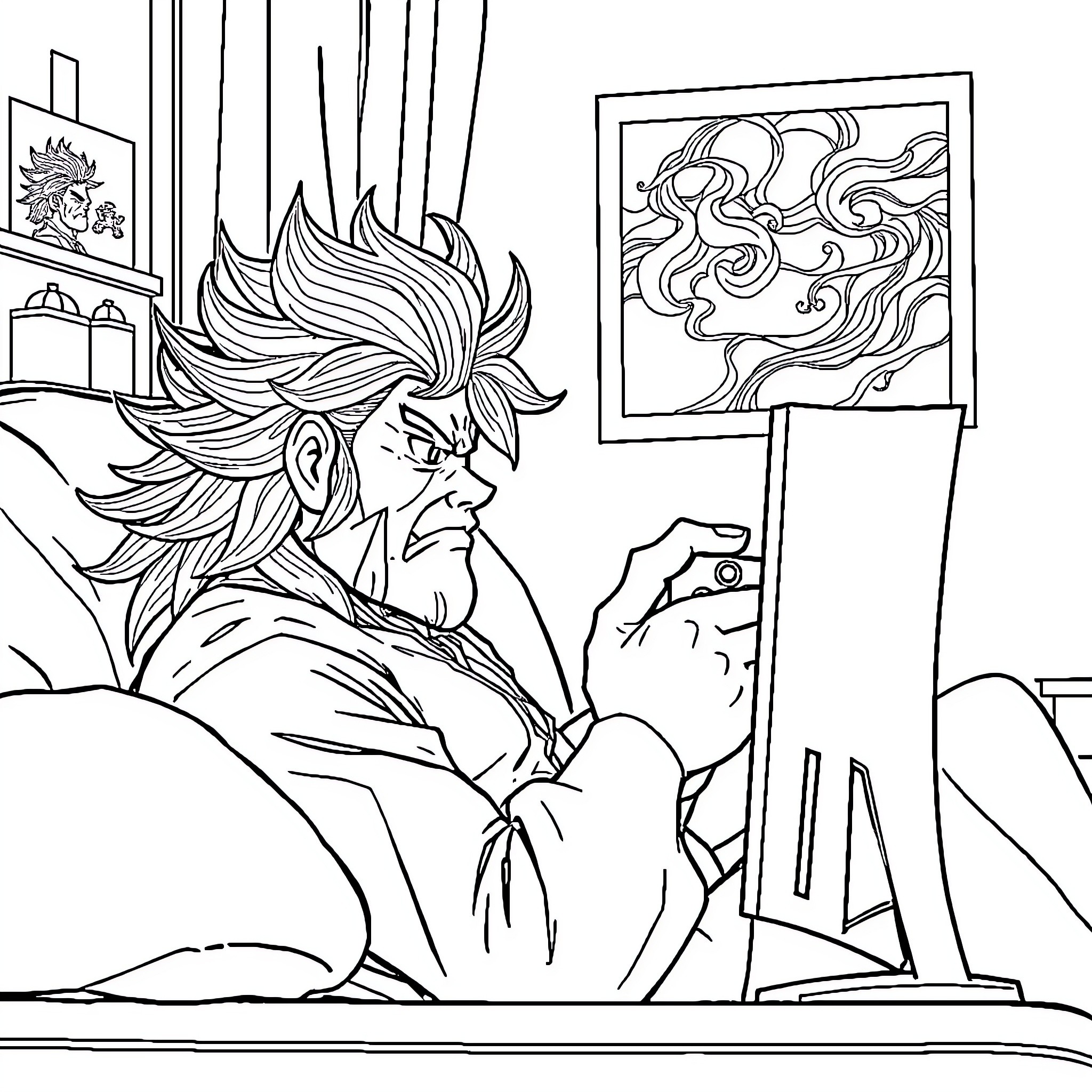 Sangoku's Passionate Art Endeavor Coloring Page (free black-and-white line drawing printable PDF for all, from beginners to advanced learners, including children, teens, adults, and seniors)