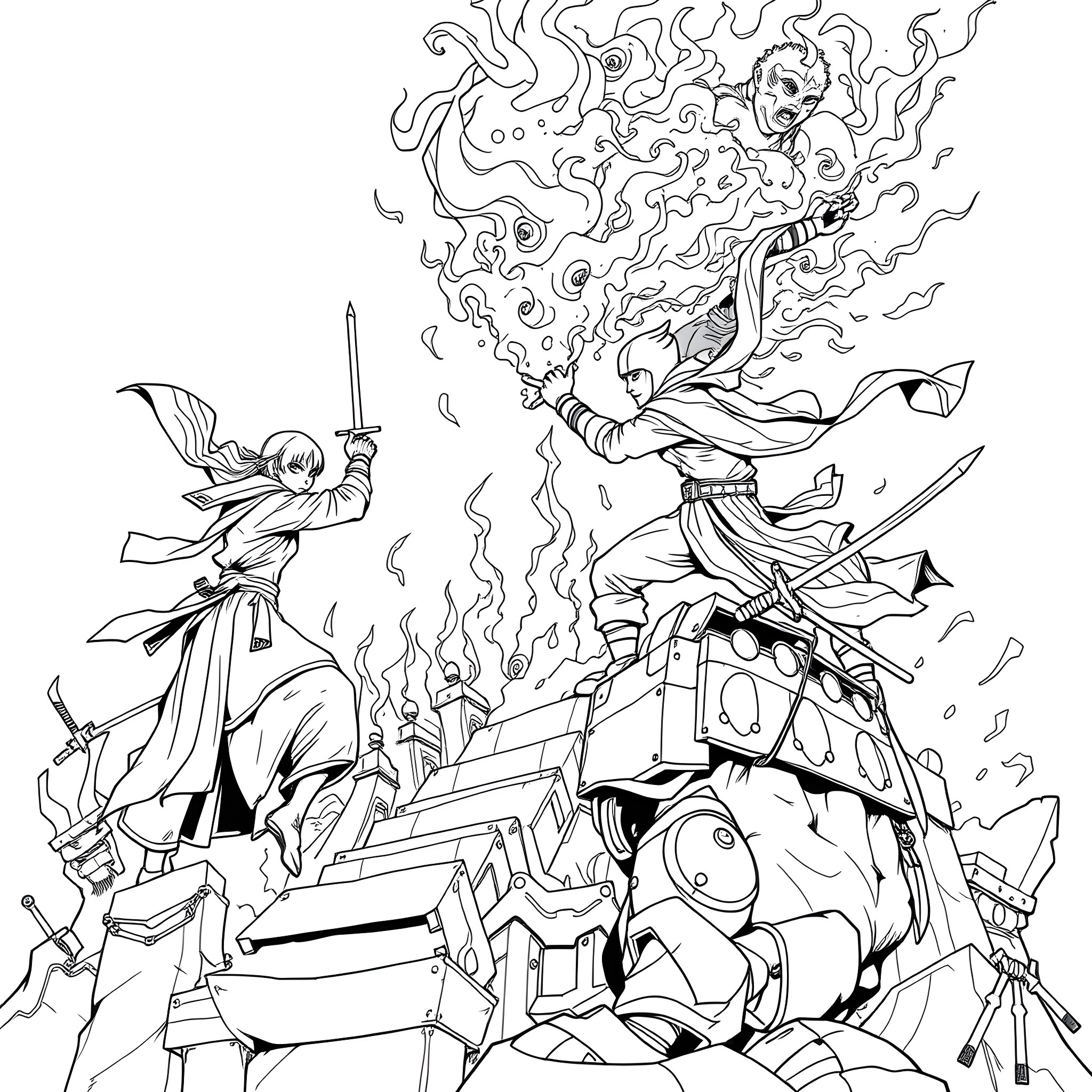 Cinder's Clash: Figures Battling Amidst Wreckage Coloring Page (free black-and-white line drawing printable PDF for all, from beginners to advanced learners, including children, teens, adults, and seniors)