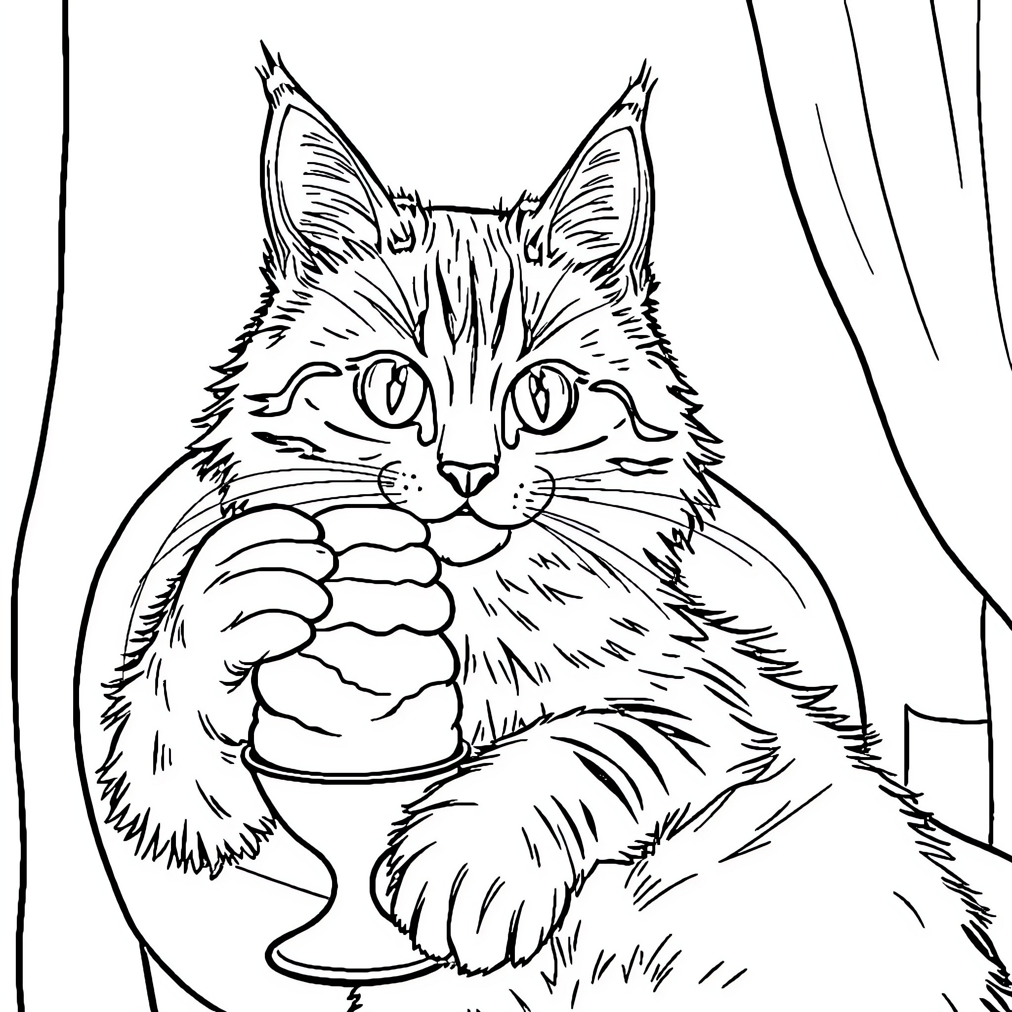 Maine Coon cat peeking through curtains Coloring Page (free black-and-white line drawing printable PDF for all, from beginners to advanced learners, including children, teens, adults, and seniors)