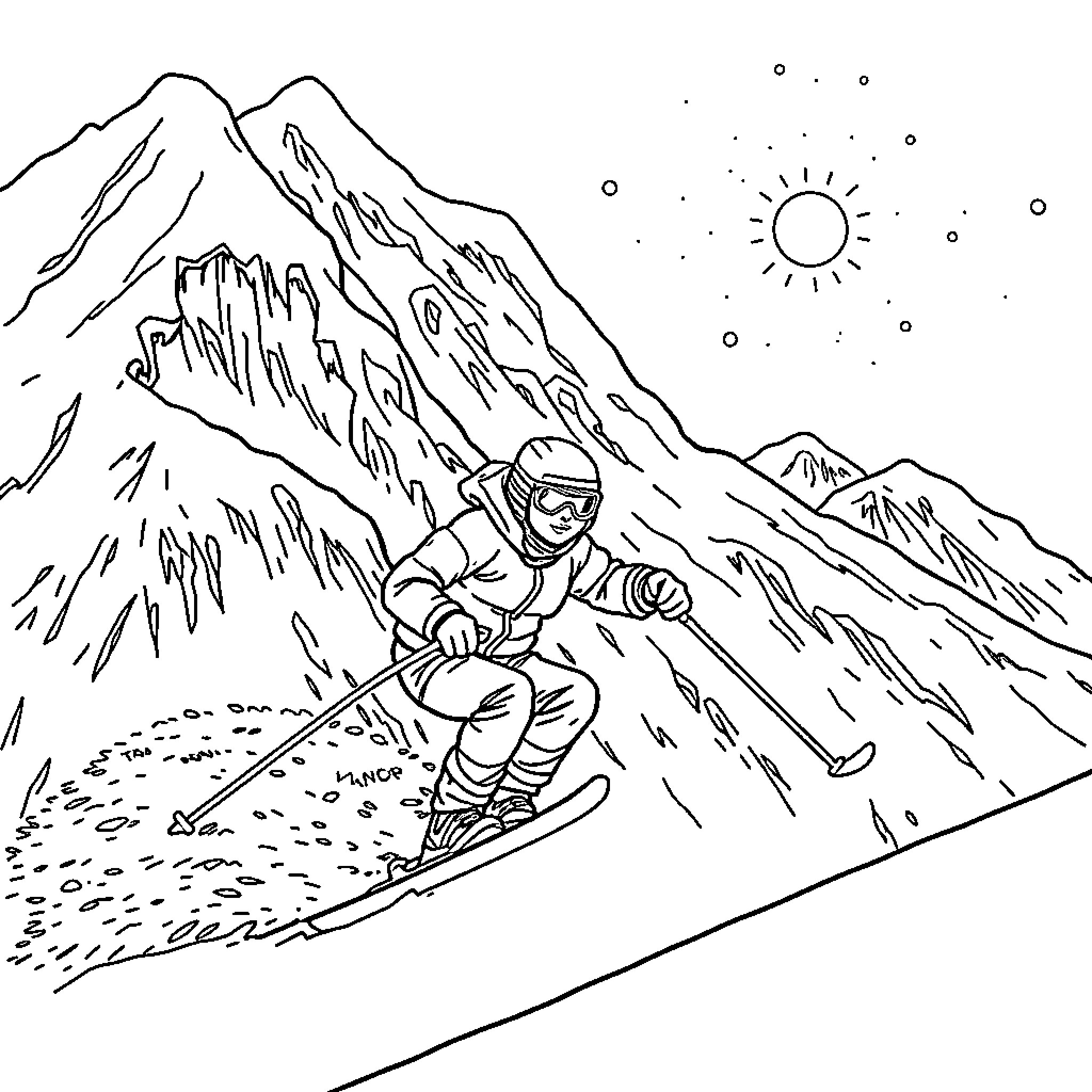 Skiing down the snowy slopes Coloring Page (free black-and-white line drawing printable PDF for all, from beginners to advanced learners, including children, teens, adults, and seniors)