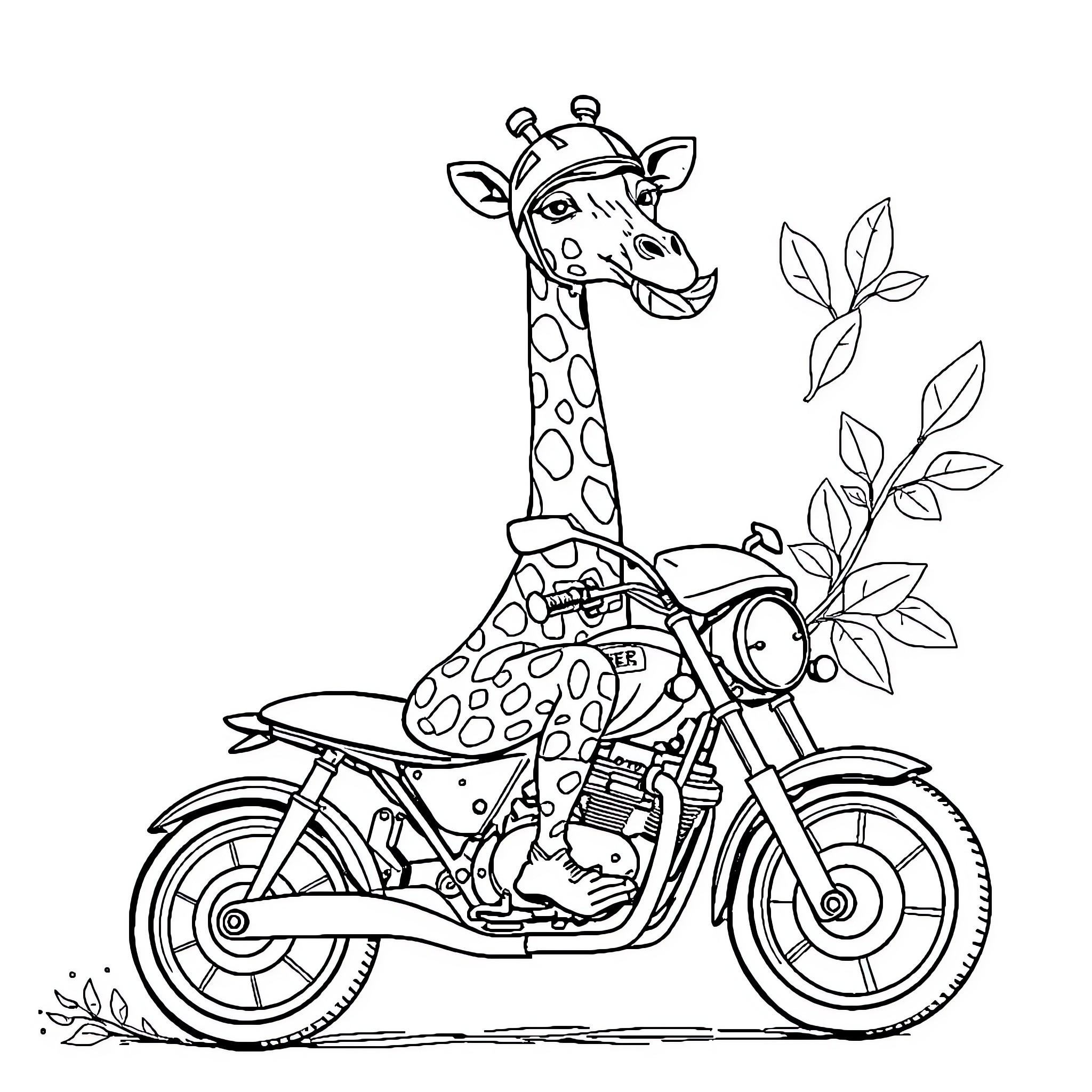 Giraffe riding a motorcycle with plants Coloring Page (free black-and-white line drawing printable PDF for all, from beginners to advanced learners, including children, teens, adults, and seniors)