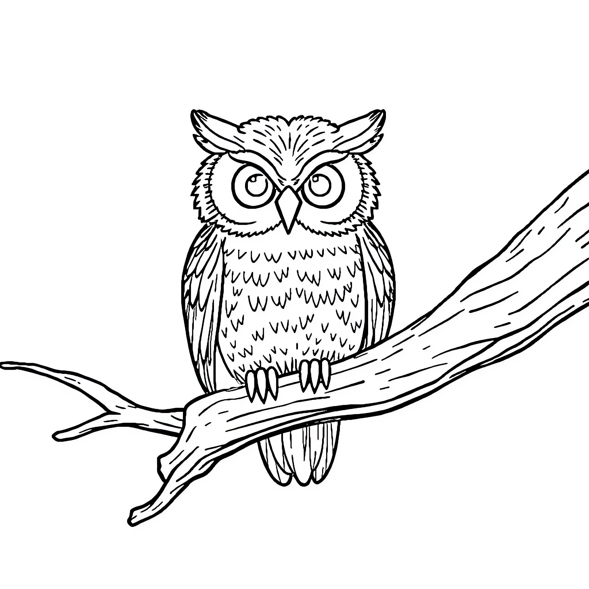 Owl perched on tree branch Coloring Page (free black-and-white line drawing printable PDF for all, from beginners to advanced learners, including children, teens, adults, and seniors)