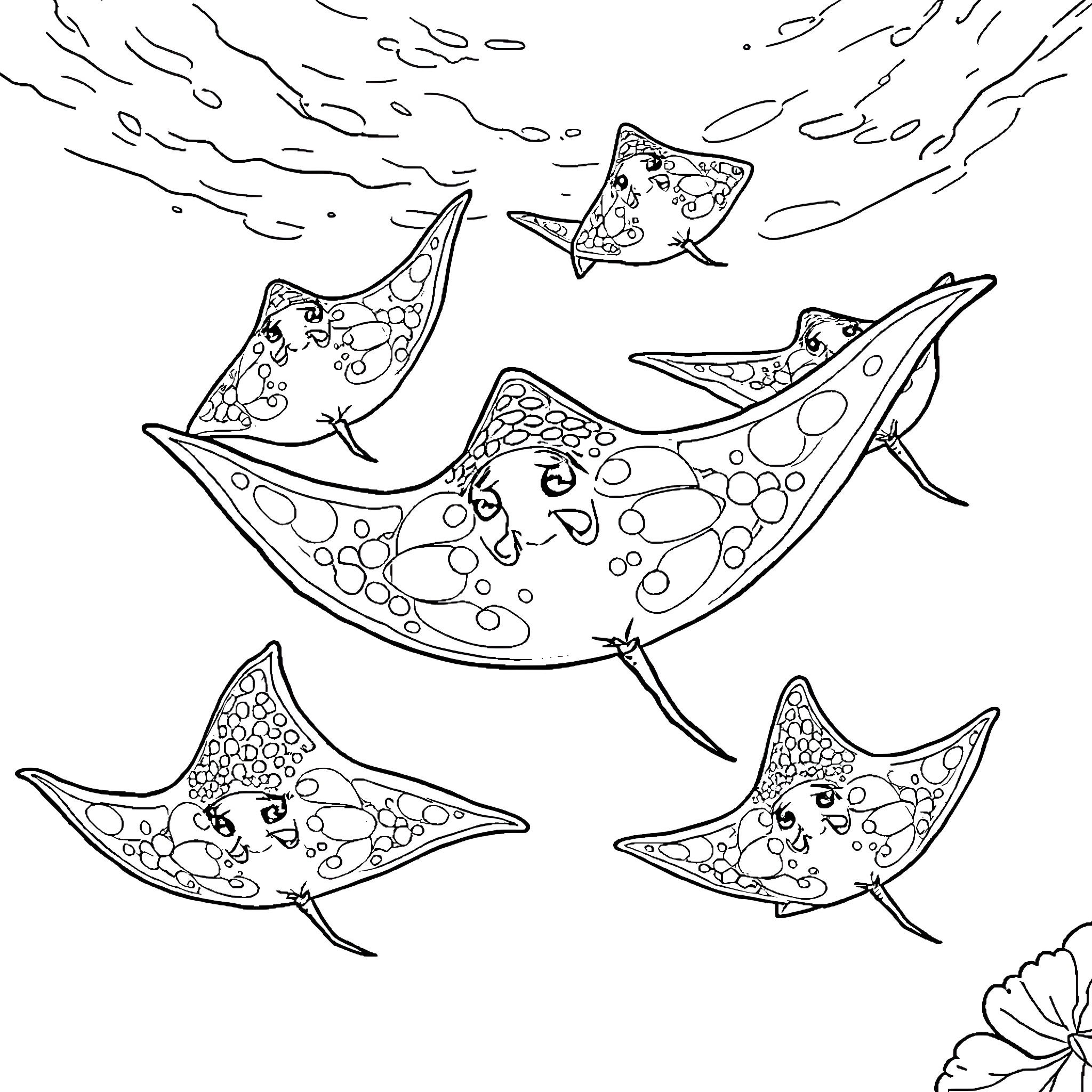 Stingray swimming gracefully in the underwater scene Coloring Page (free black-and-white line drawing printable PDF for all, from beginners to advanced learners, including children, teens, adults, and seniors)