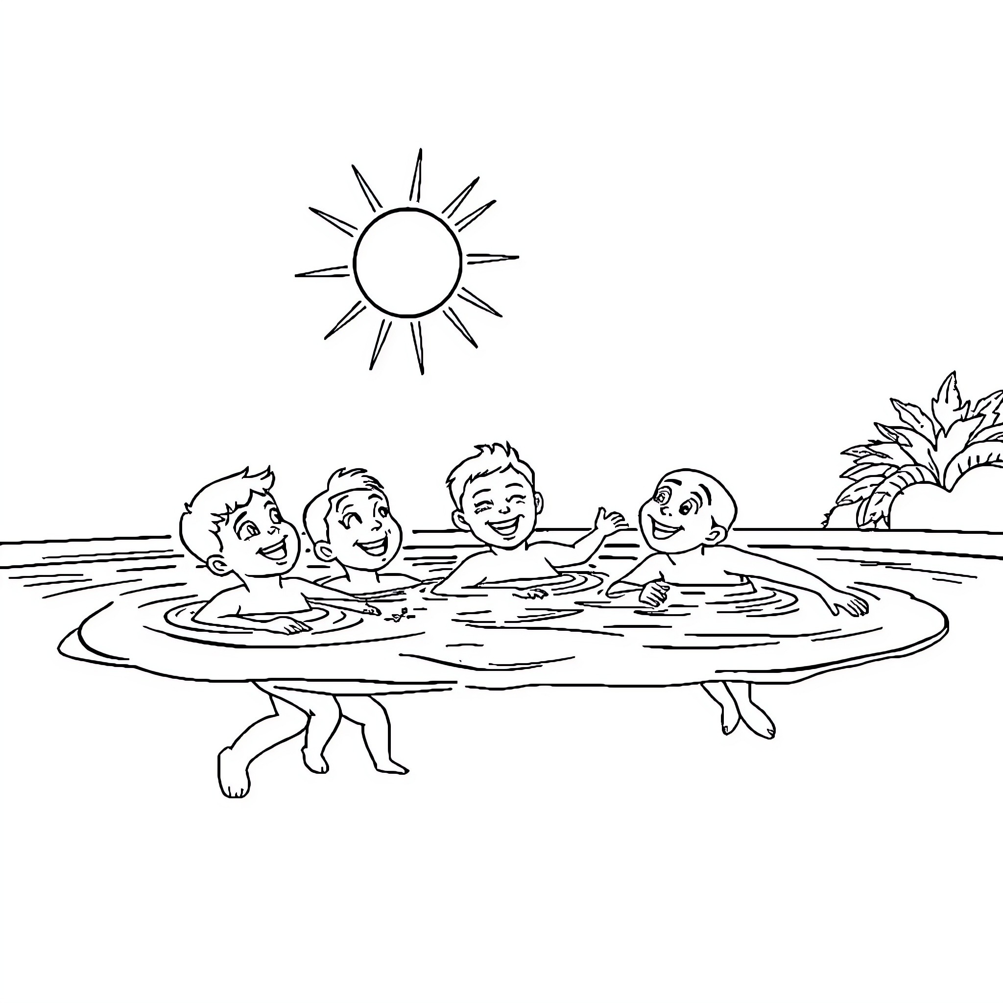 Schoolchildren swimming happily in the pool on a sunny day Coloring Page (free black-and-white line drawing printable PDF for all, from beginners to advanced learners, including children, teens, adults, and seniors)