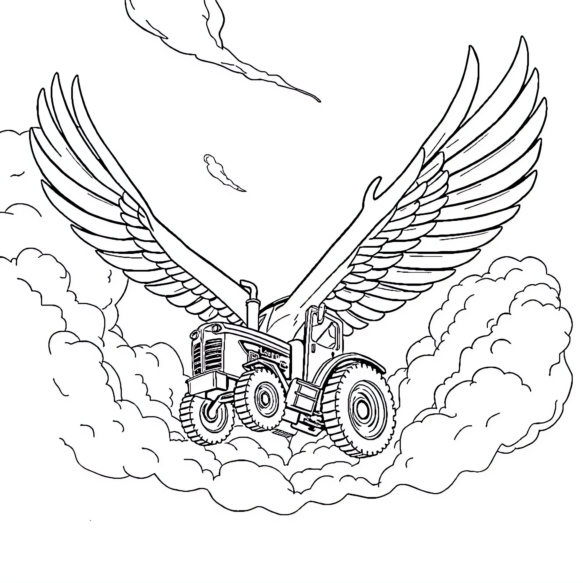 Tractor taking flight with angelic wings Coloring Page (free black-and-white line drawing printable PDF for all, from beginners to advanced learners, including children, teens, adults, and seniors)