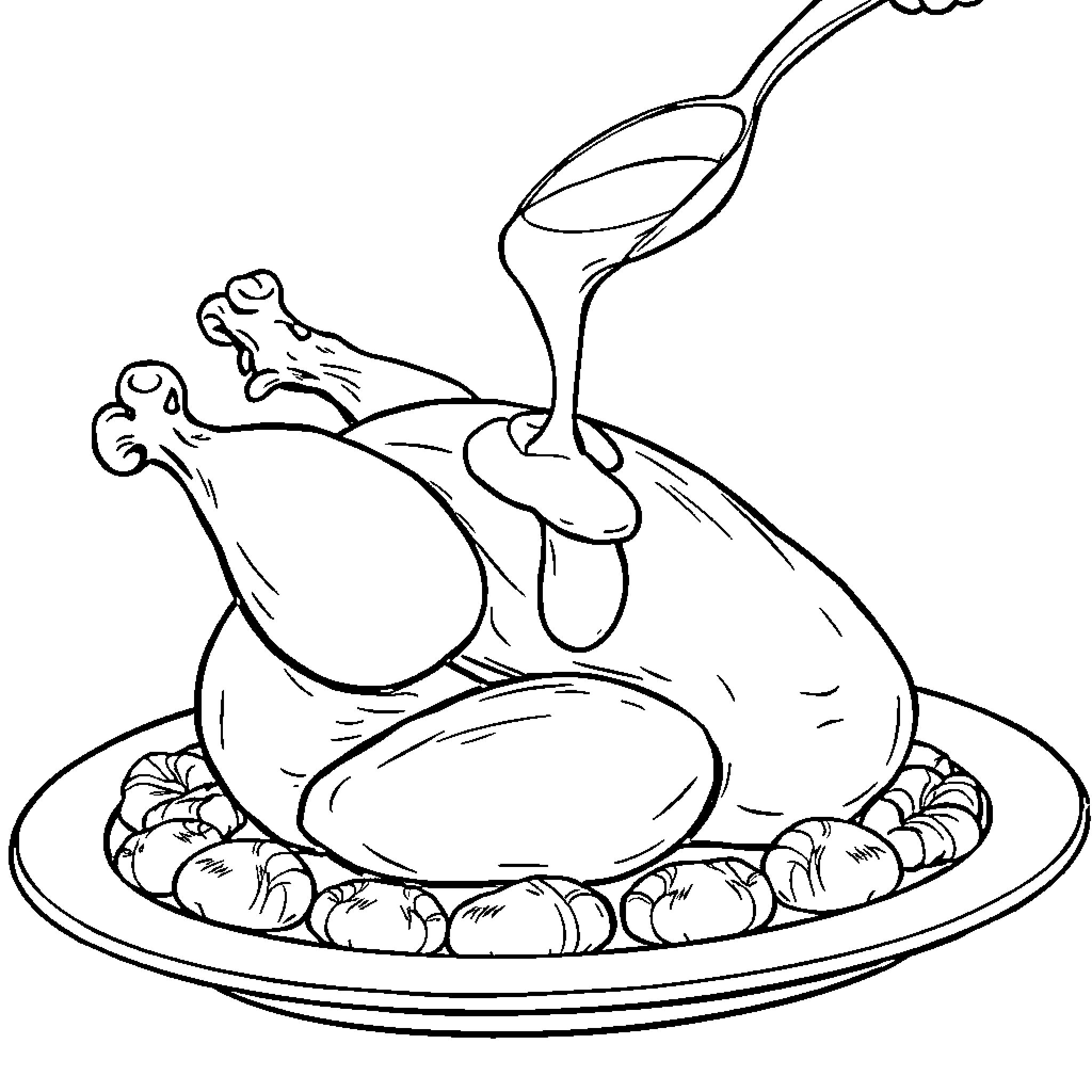 Chicken being basted in the kitchen Coloring Page (free black-and-white line drawing printable PDF for all, from beginners to advanced learners, including children, teens, adults, and seniors)