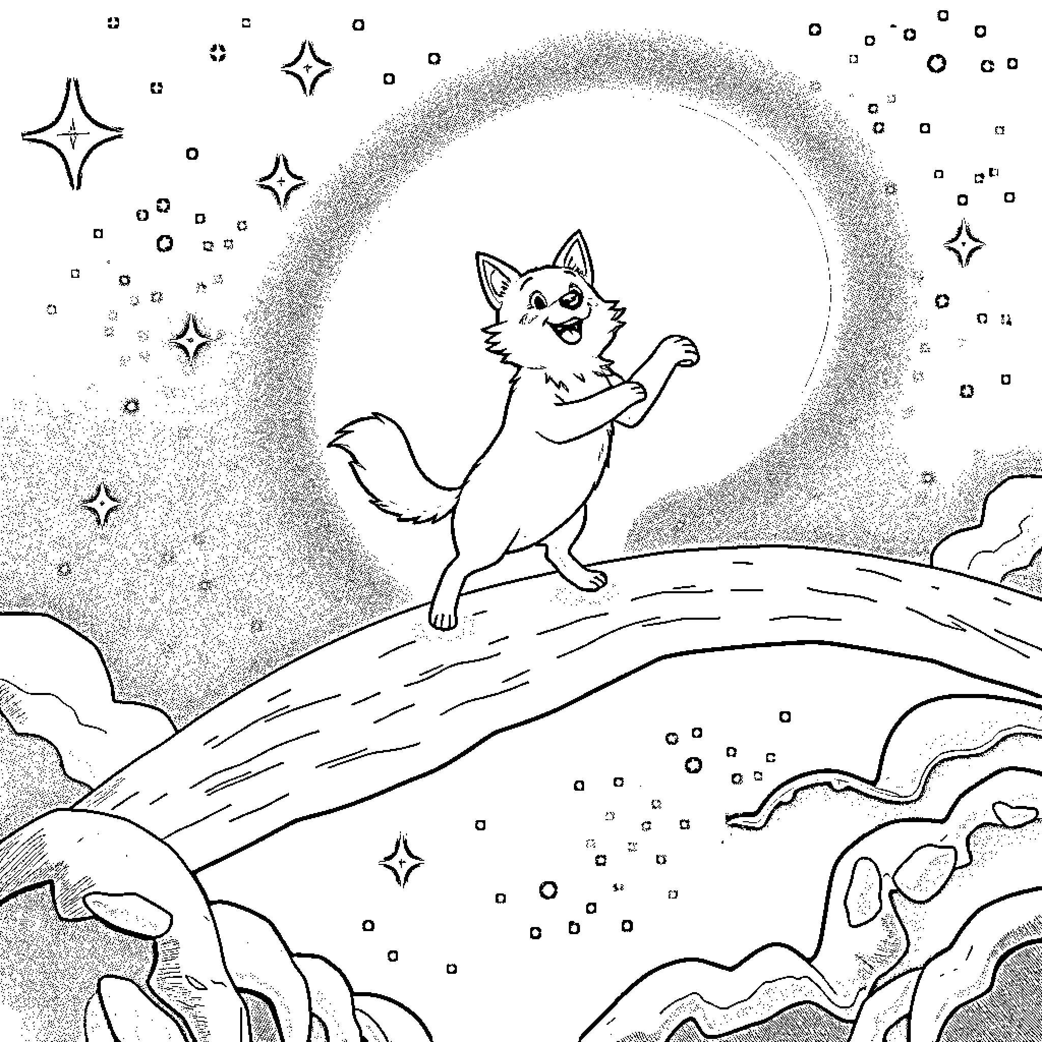 Bluey exploring the magical night sky Coloring Page (free black-and-white line drawing printable PDF for all, from beginners to advanced learners, including children, teens, adults, and seniors)