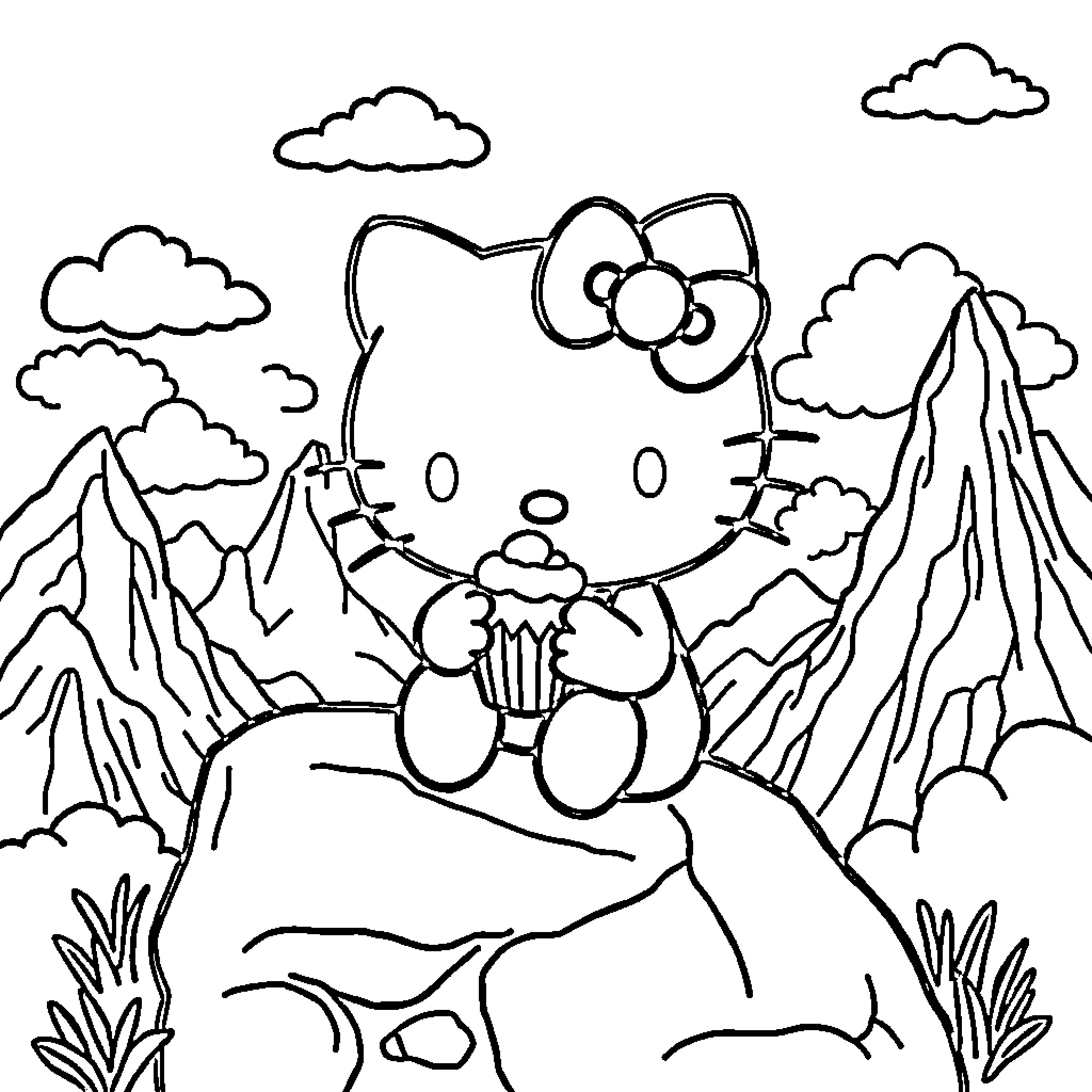 Hello Kitty Exploring the Mountainous Landscape Coloring Page (free black-and-white line drawing printable PDF for all, from beginners to advanced learners, including children, teens, adults, and seniors)