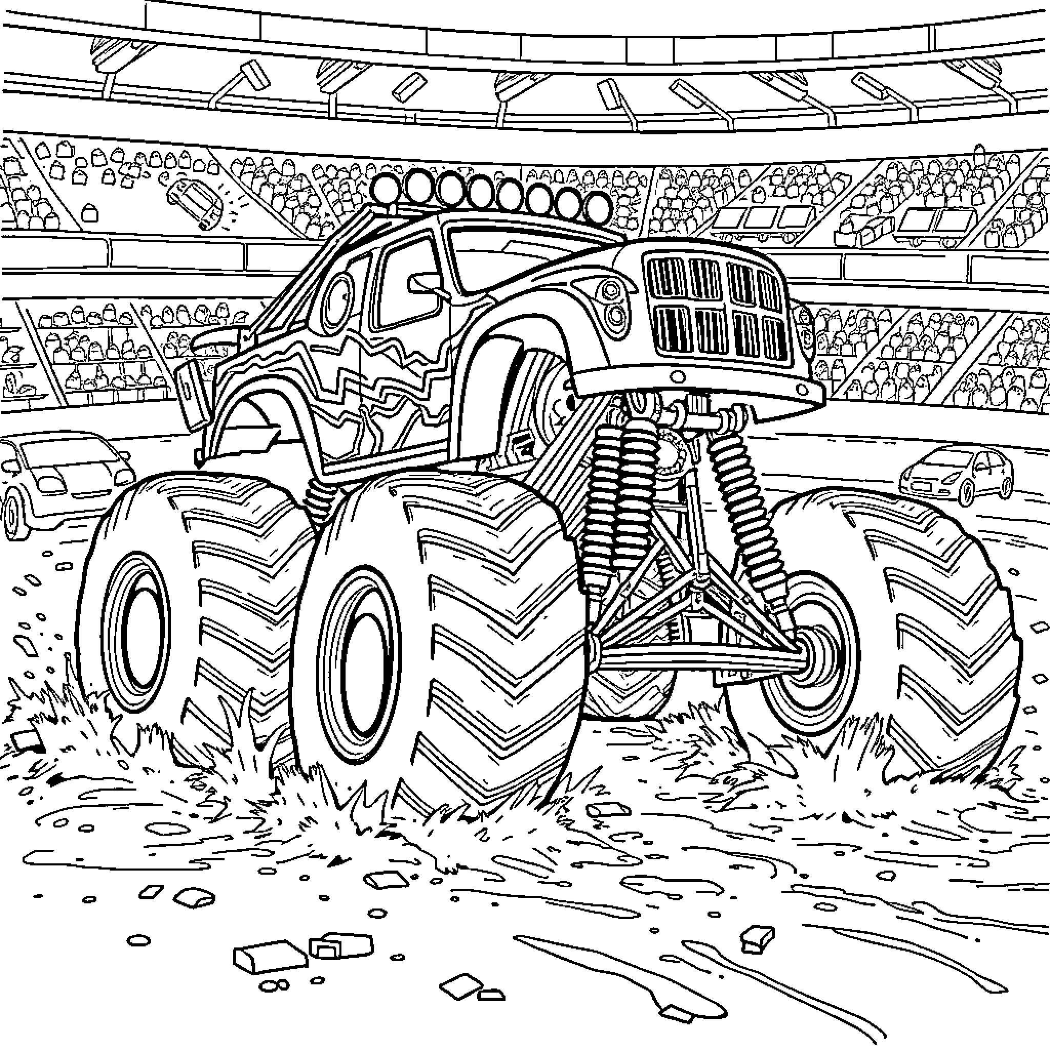 Monster Truck Crushing Cars in Stadium Coloring Page (free black-and-white line drawing printable PDF for all, from beginners to advanced learners, including children, teens, adults, and seniors)