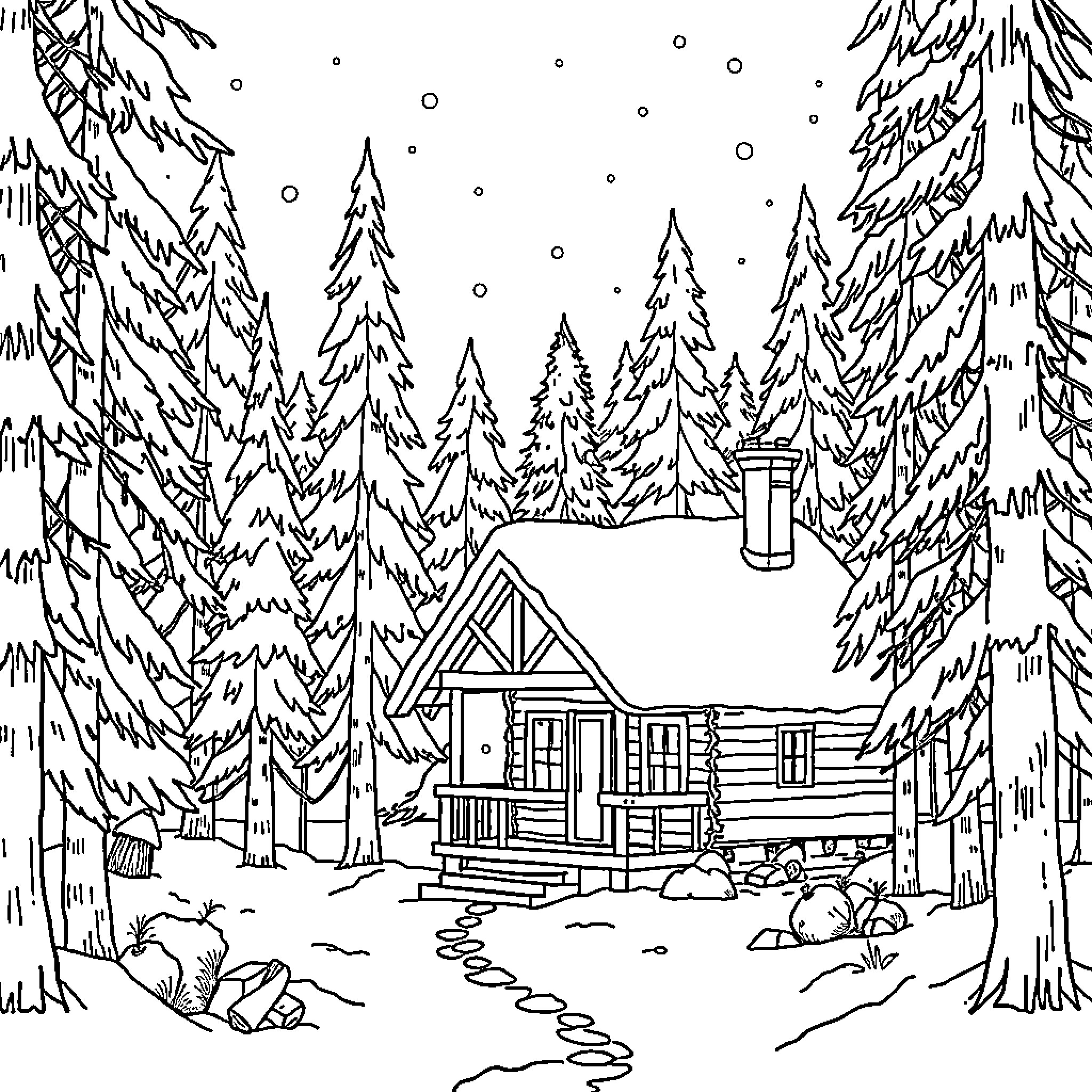Cabin nestled in snowy forest landscape Coloring Page (free black-and-white line drawing printable PDF for all, from beginners to advanced learners, including children, teens, adults, and seniors)