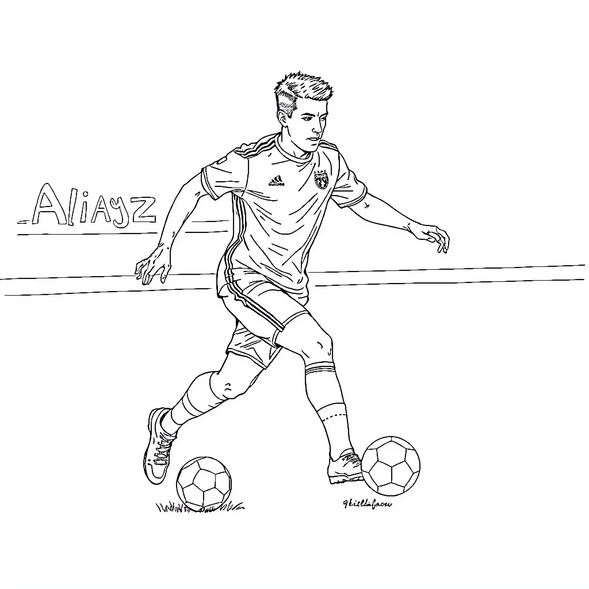 Julian Alvarez playing soccer on the field Coloring Page (free black-and-white line drawing printable PDF for all, from beginners to advanced learners, including children, teens, adults, and seniors)