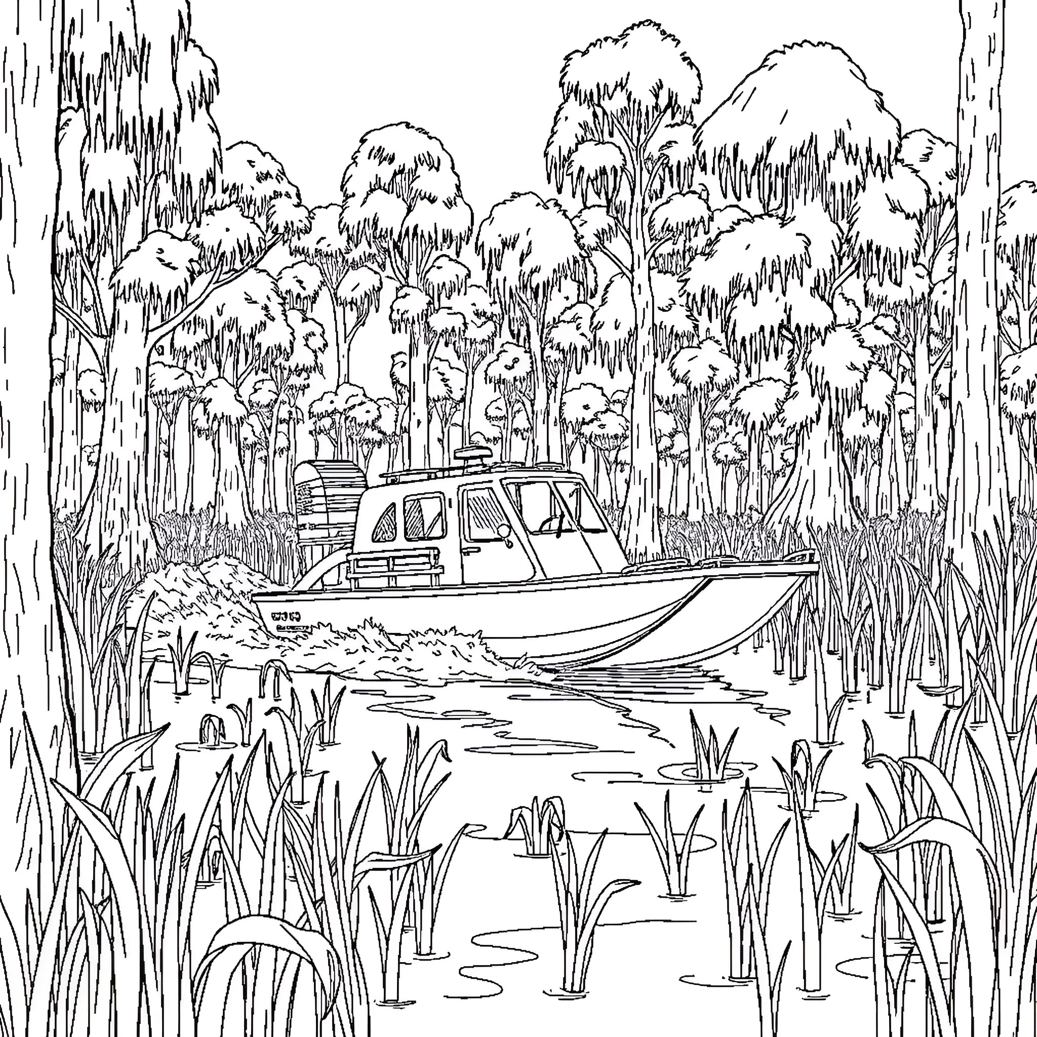 Airboat navigating through lush forest wetlands Coloring Page (free black-and-white line drawing printable PDF for all, from beginners to advanced learners, including children, teens, adults, and seniors)