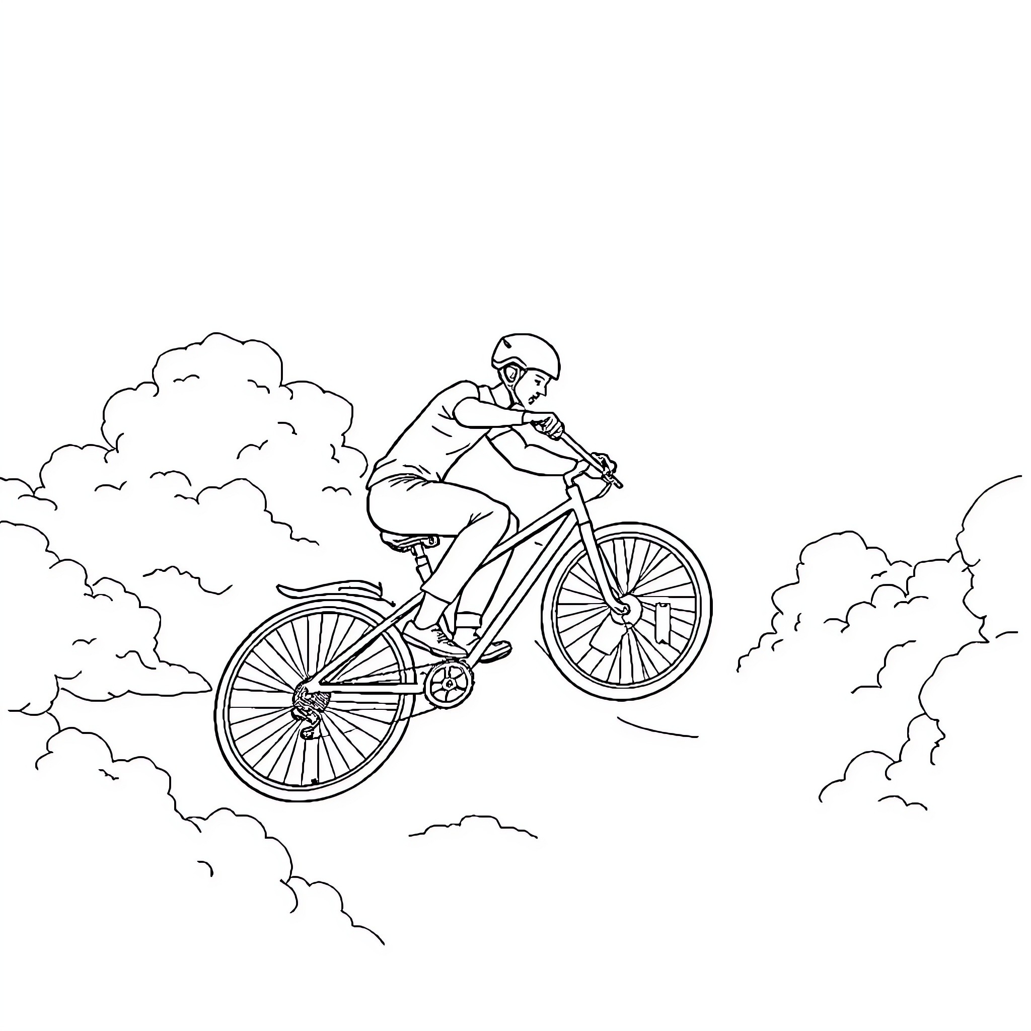 Flying Bike Rider Navigates Cloudy Skies Coloring Page (free black-and-white line drawing printable PDF for all, from beginners to advanced learners, including children, teens, adults, and seniors)