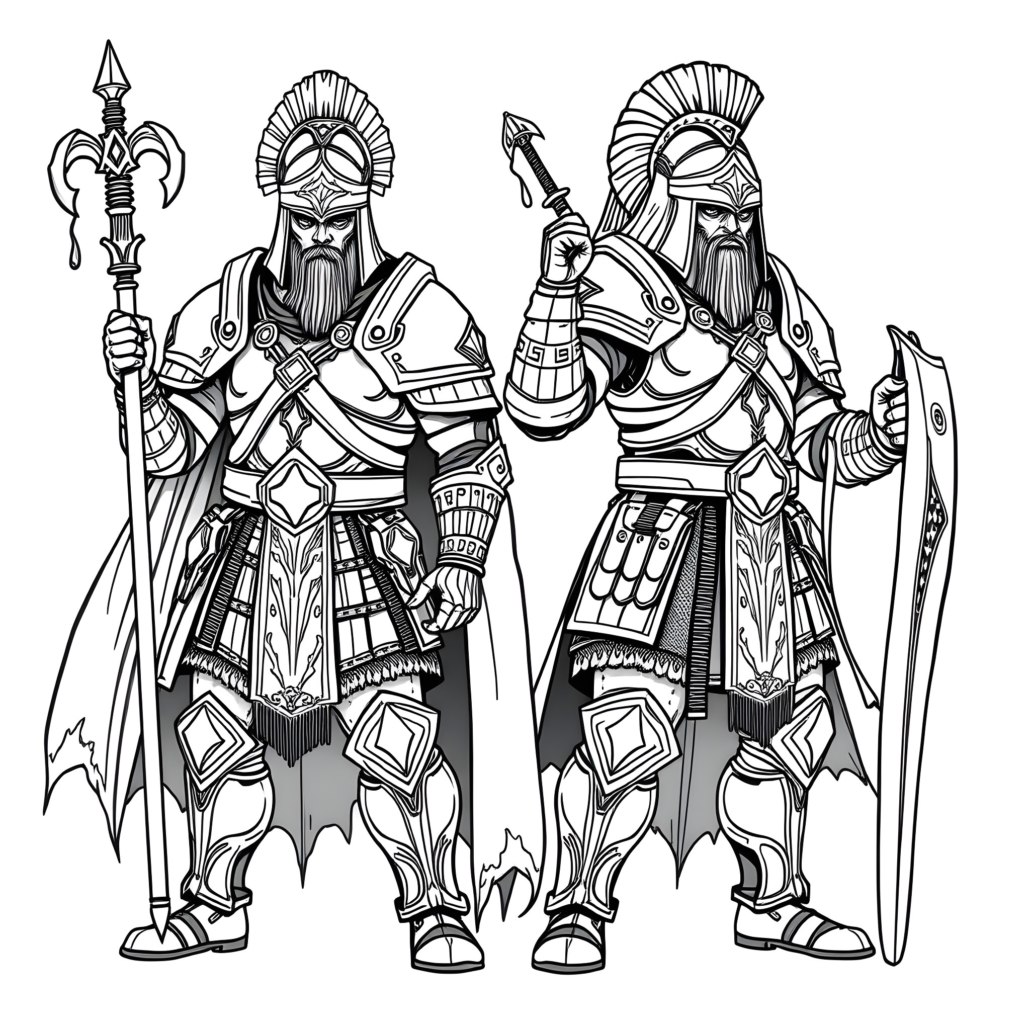 Stoic Warriors in Ornate Armor and Helmets Coloring Page (free black-and-white line drawing printable PDF for all, from beginners to advanced learners, including children, teens, adults, and seniors)