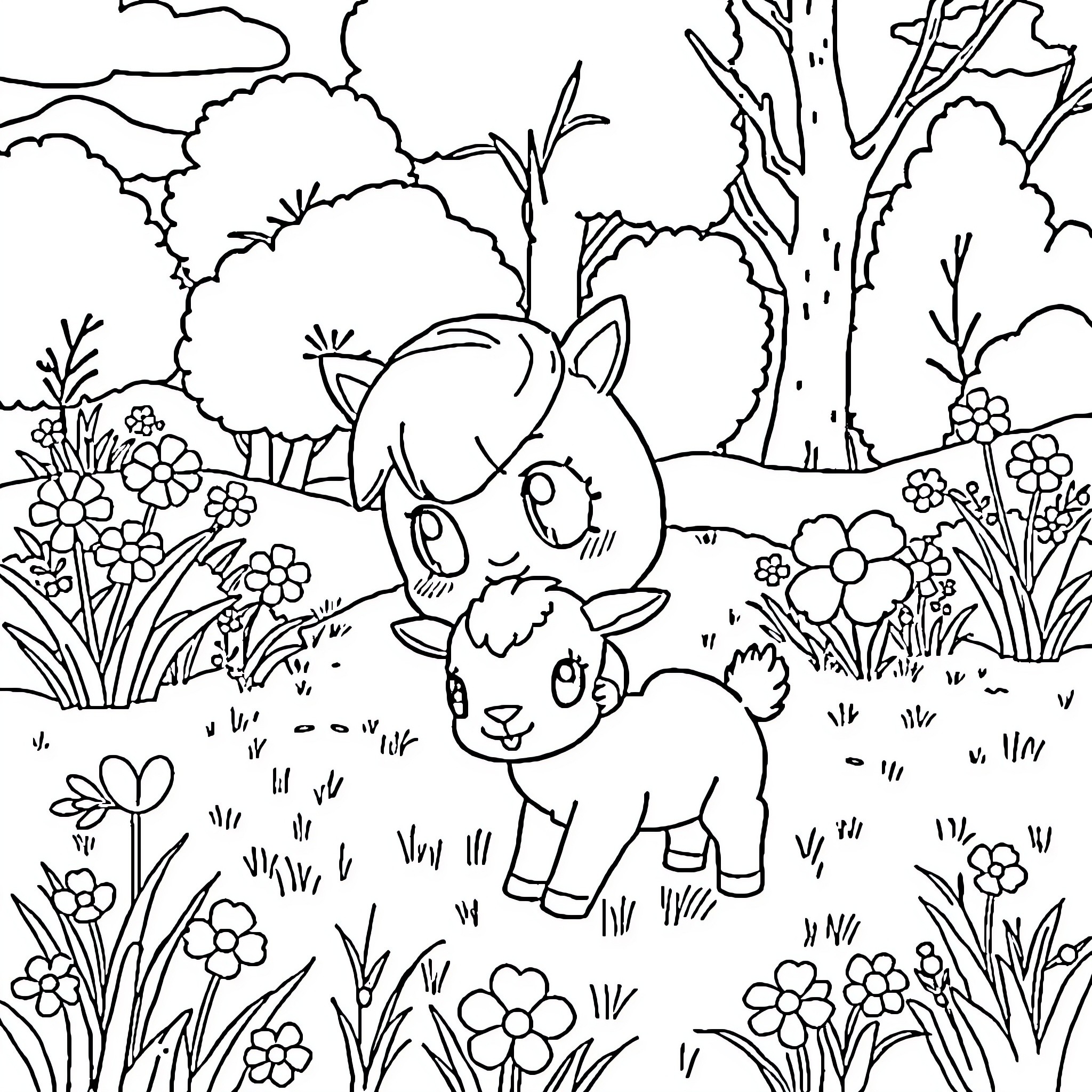 Cinamoroll exploring a lush, flowery forest Coloring Page (free black-and-white line drawing printable PDF for all, from beginners to advanced learners, including children, teens, adults, and seniors)