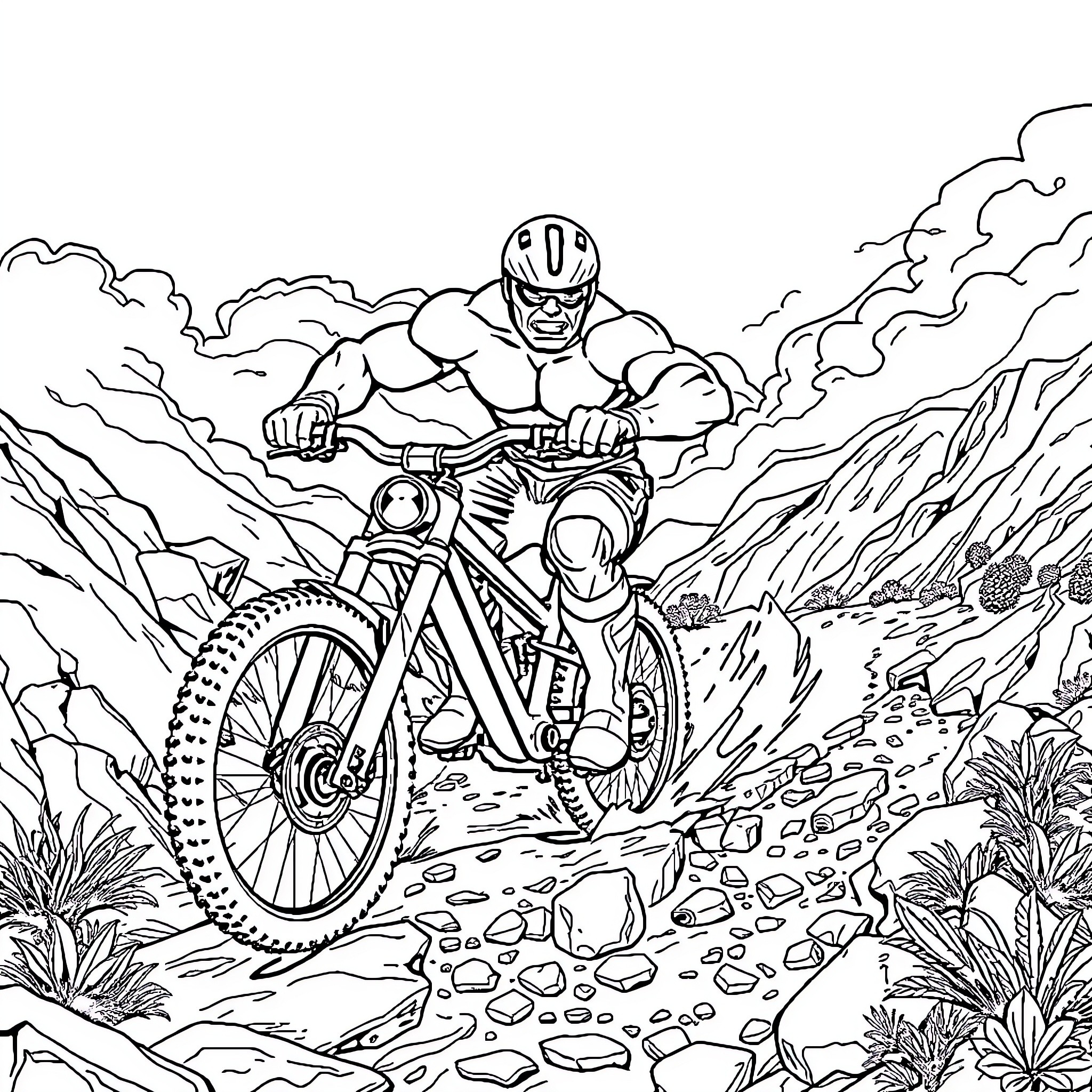 Hulk Riding Rugged Bicycle Through Mountainous Terrain Coloring Page (free black-and-white line drawing printable PDF for all, from beginners to advanced learners, including children, teens, adults, and seniors)