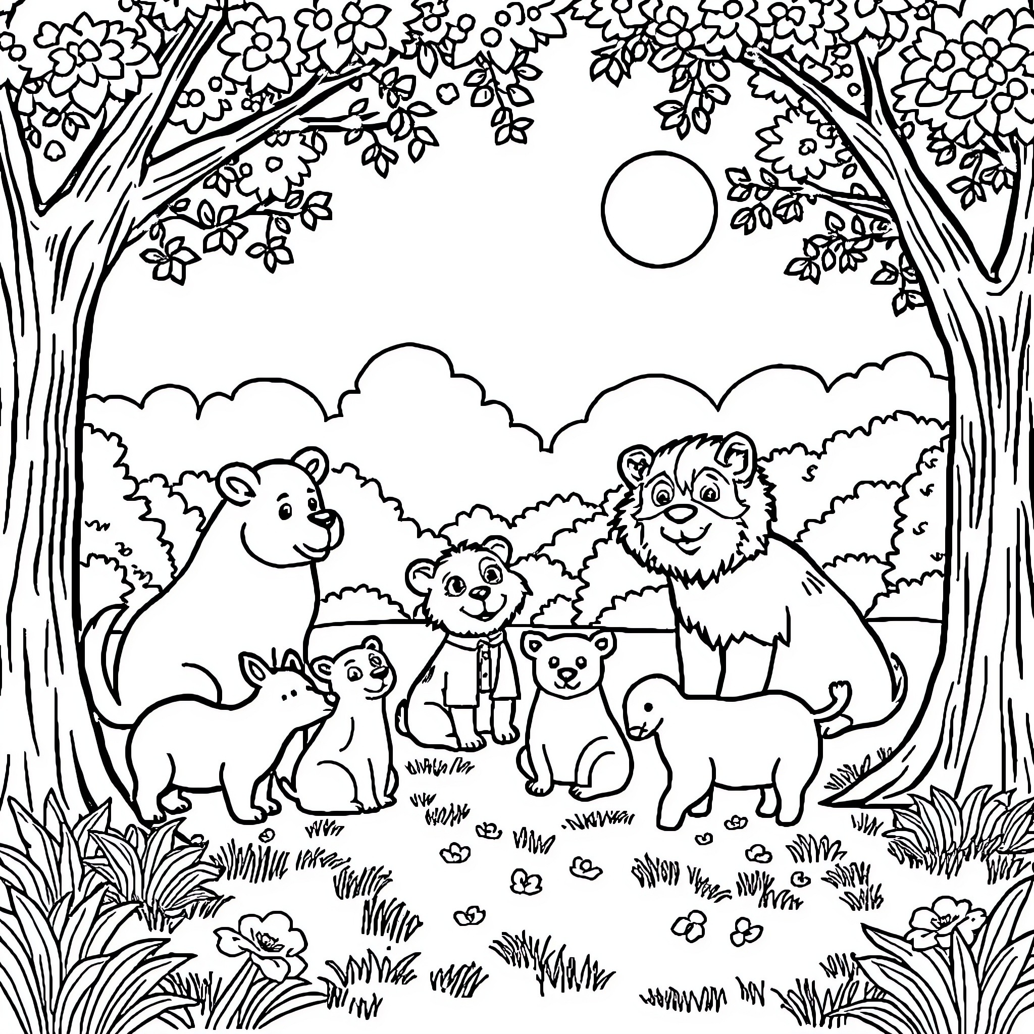 Animal family in a floral forest scene Coloring Page (free black-and-white line drawing printable PDF for all, from beginners to advanced learners, including children, teens, adults, and seniors)