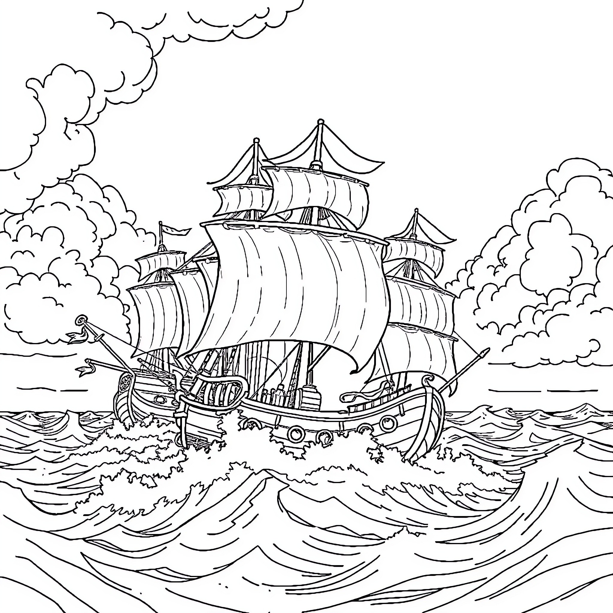 One Piece: Majestic Sailing Ship on the Stormy Seas Coloring Page (free black-and-white line drawing printable PDF for all, from beginners to advanced learners, including children, teens, adults, and seniors)