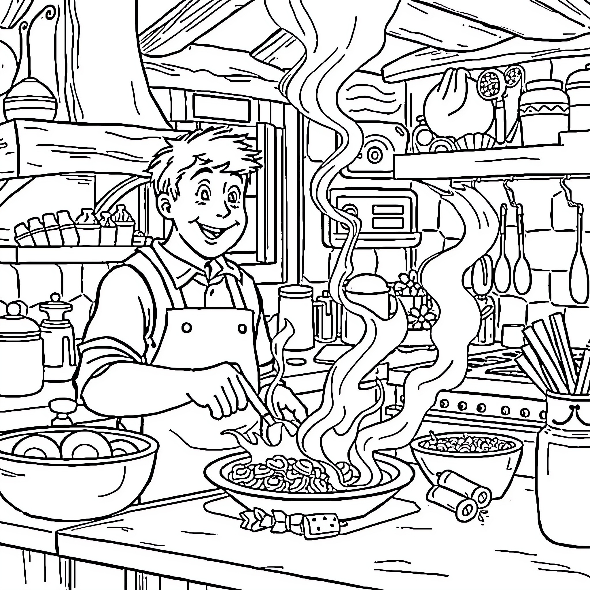 John happily cooking in a lively kitchen Coloring Page (free black-and-white line drawing printable PDF for all, from beginners to advanced learners, including children, teens, adults, and seniors)