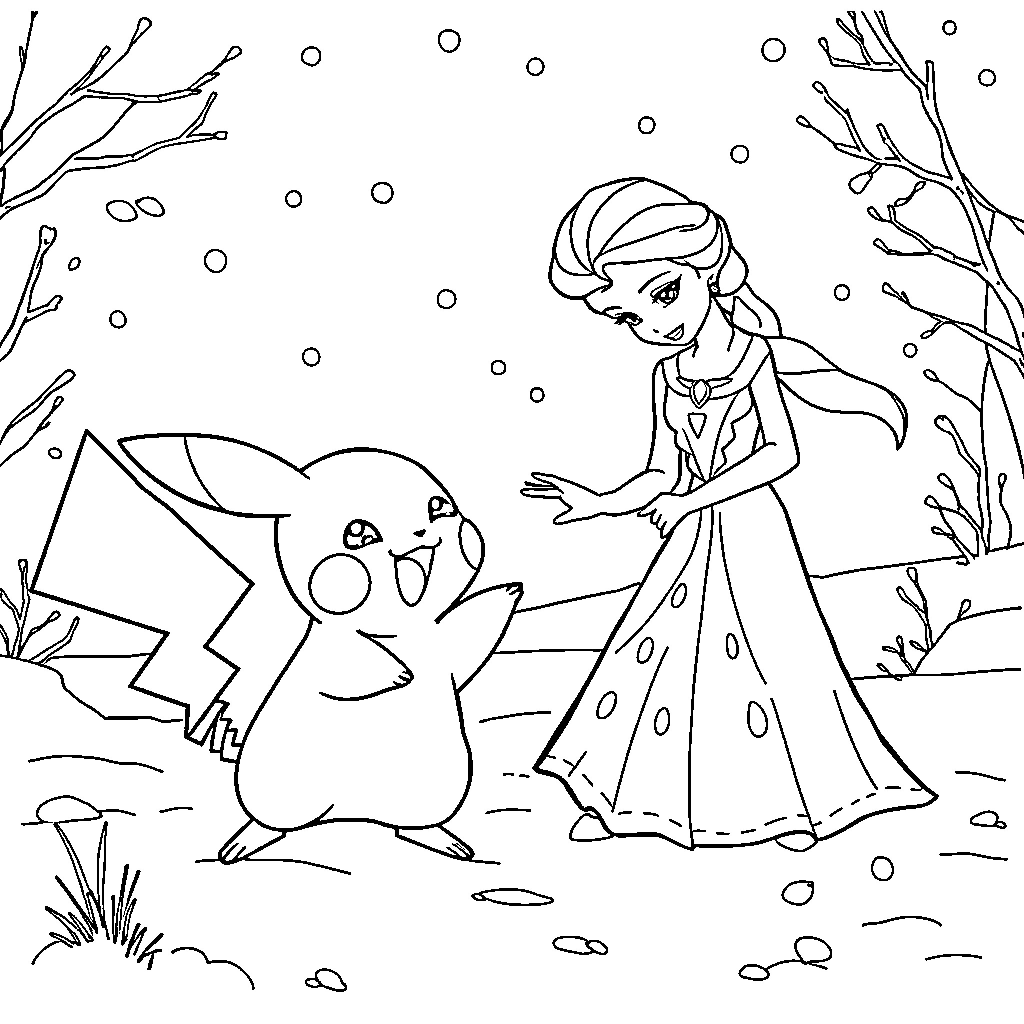 Pikachu playing with a snow fairy in winter Coloring Page (free black-and-white line drawing printable PDF for all, from beginners to advanced learners, including children, teens, adults, and seniors)