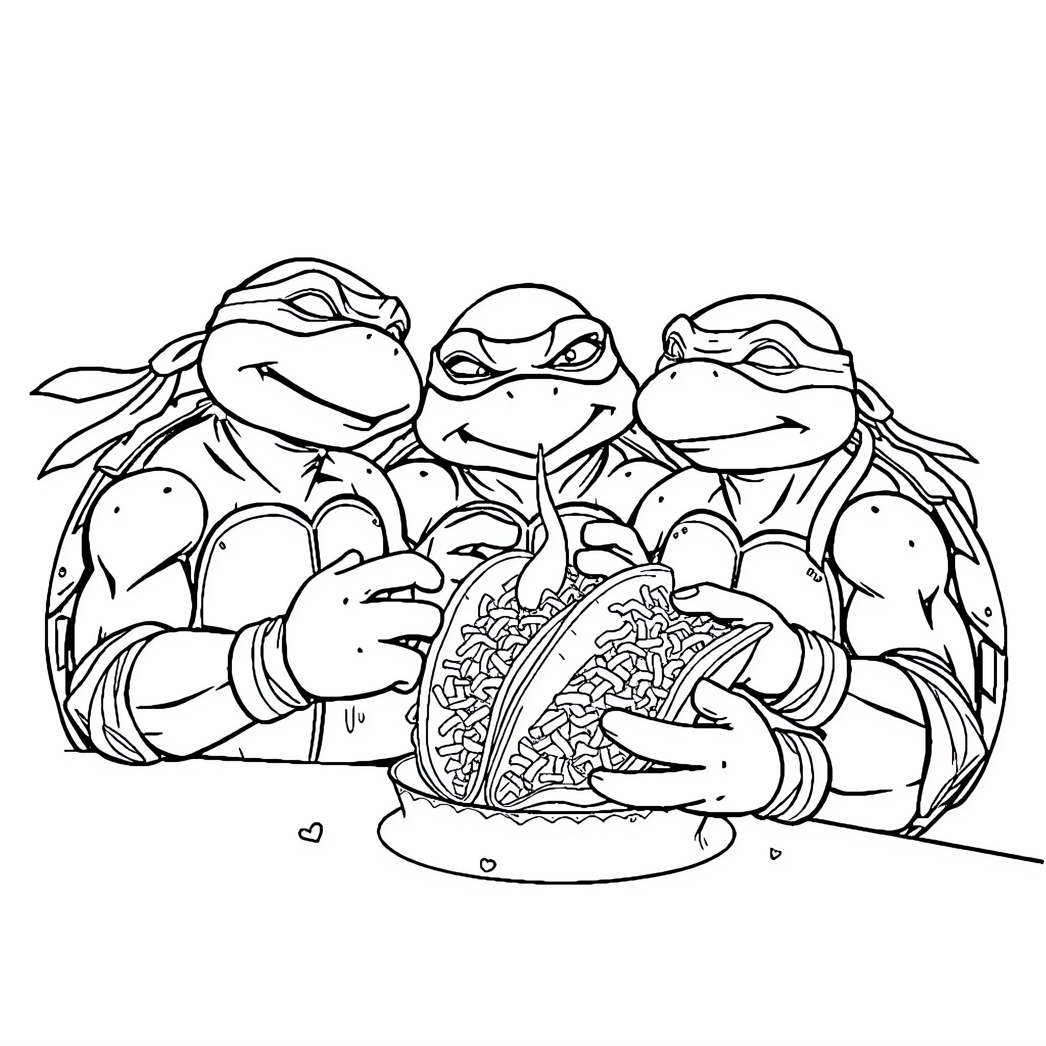 Ninja Turtles enjoying a hearty meal together Coloring Page (free black-and-white line drawing printable PDF for all, from beginners to advanced learners, including children, teens, adults, and seniors)