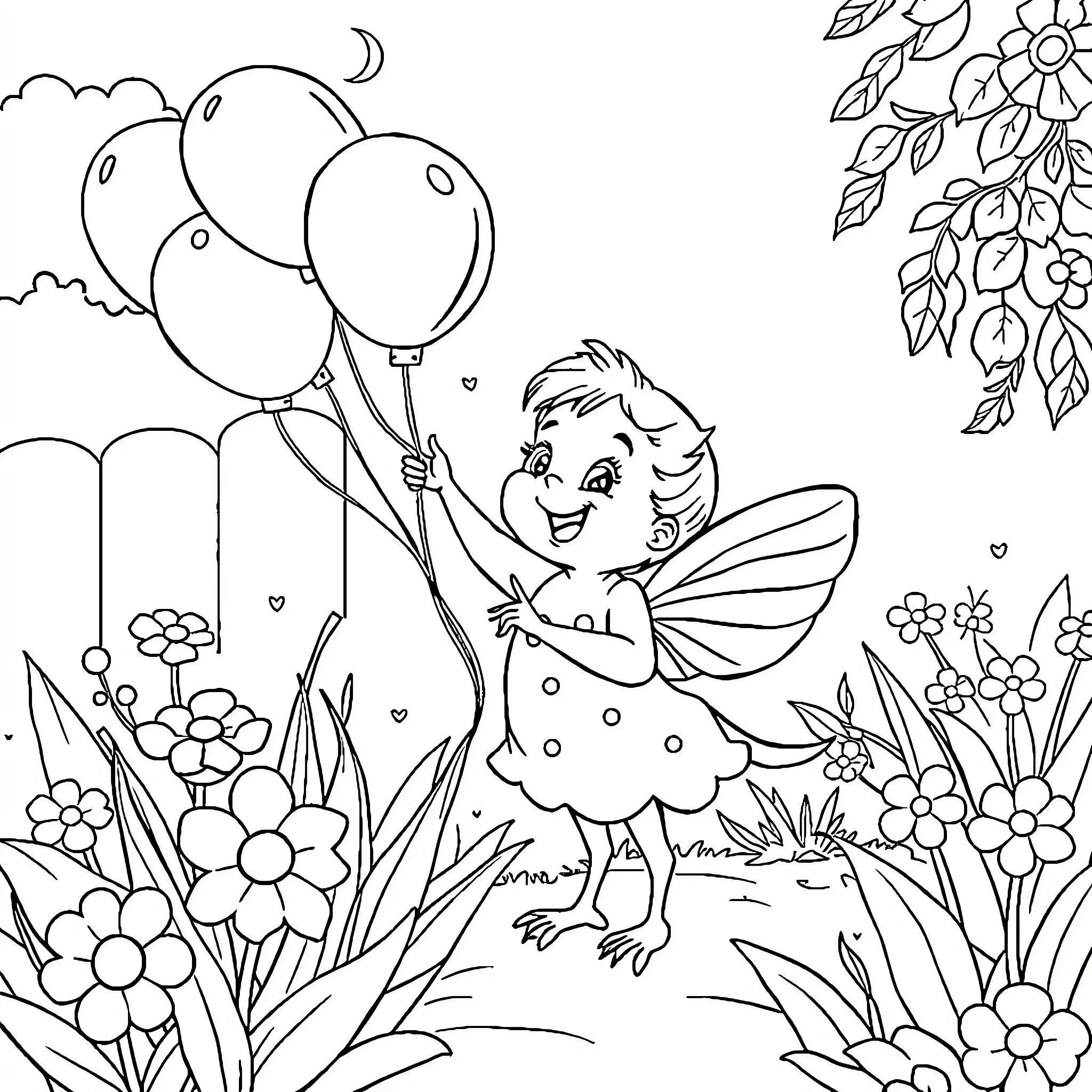 Girl fairy with balloons in the garden Coloring Page (free black-and-white line drawing printable PDF for all, from beginners to advanced learners, including children, teens, adults, and seniors)