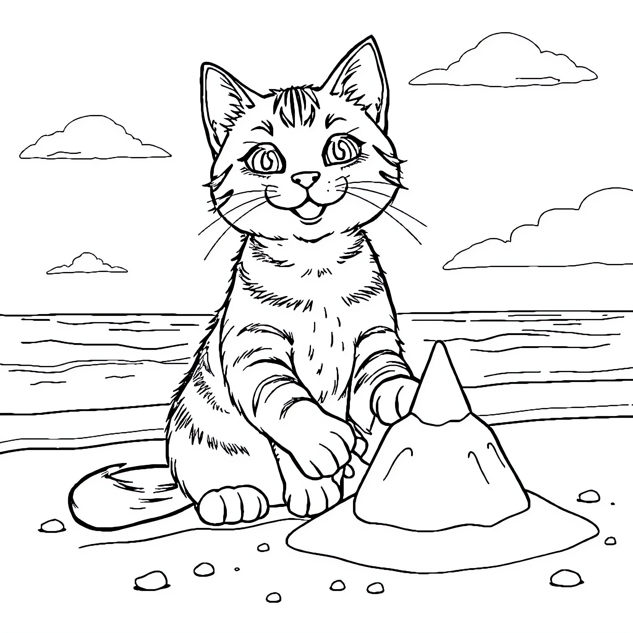 Tabby Cat Enjoying a Day at the Beach Coloring Page (free black-and-white line drawing printable PDF for all, from beginners to advanced learners, including children, teens, adults, and seniors)