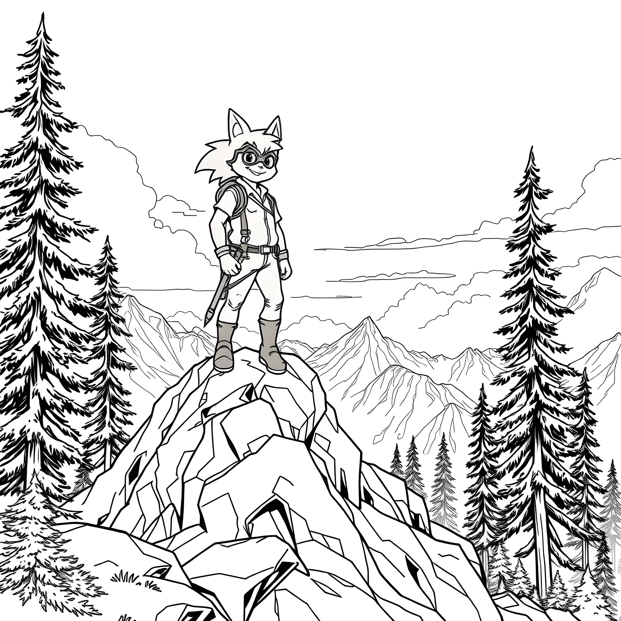 Coco Wyo's adventure in the snowy mountains Coloring Page (free black-and-white line drawing printable PDF for all, from beginners to advanced learners, including children, teens, adults, and seniors)