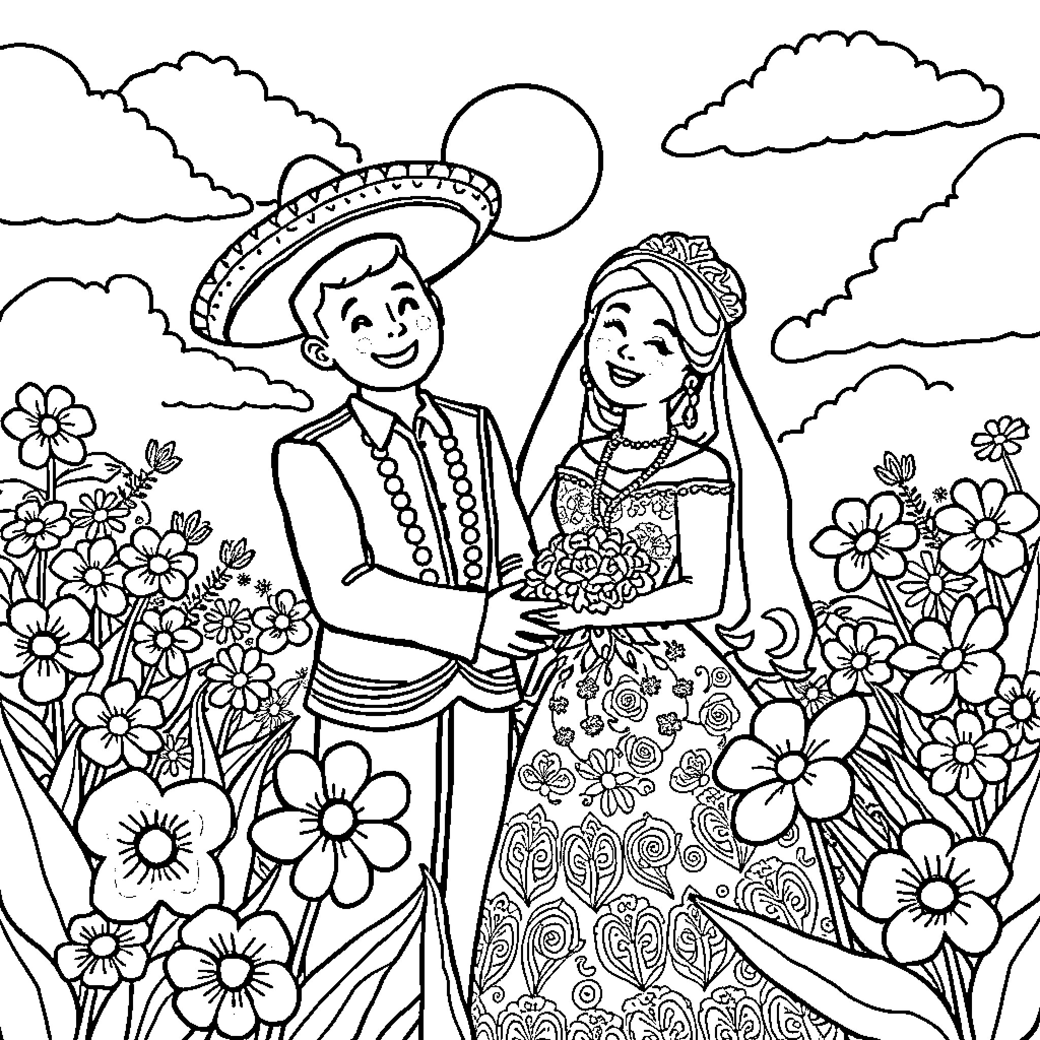 Couple in traditional Mexican attire among flowers Coloring Page (free black-and-white line drawing printable PDF for all, from beginners to advanced learners, including children, teens, adults, and seniors)