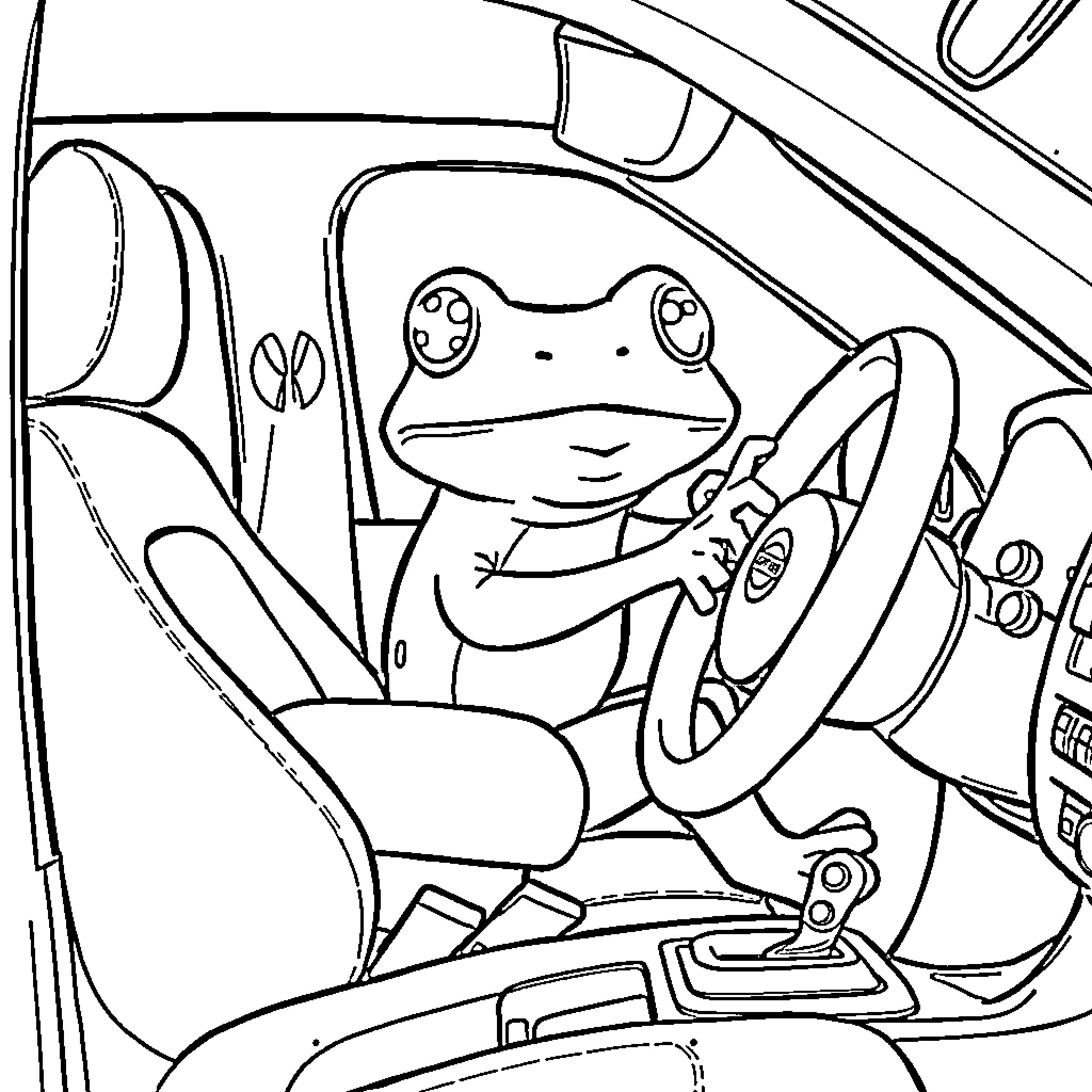 Frog driving a car with excitement Coloring Page (free black-and-white line drawing printable PDF for all, from beginners to advanced learners, including children, teens, adults, and seniors)