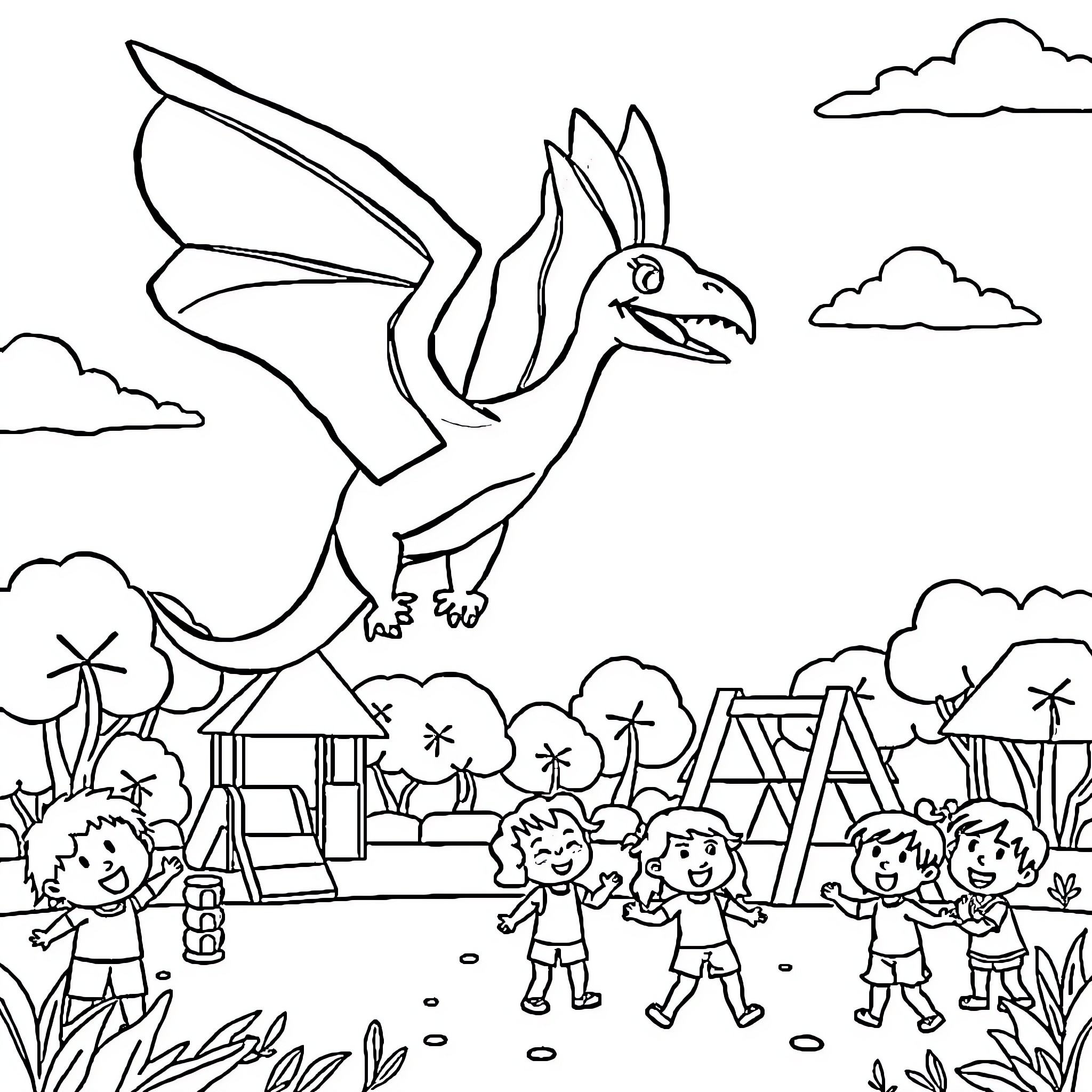 Pterosaur soaring above a playful children's playground Coloring Page (free black-and-white line drawing printable PDF for all, from beginners to advanced learners, including children, teens, adults, and seniors)