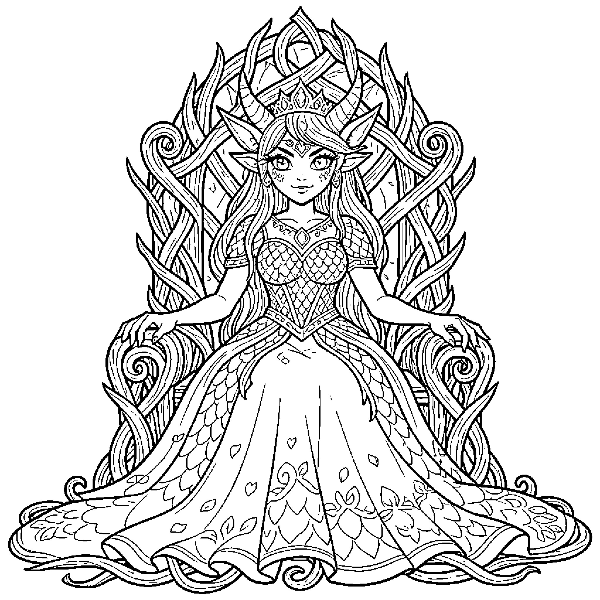 Monster princess in fantastical regal dress Coloring Page (free black-and-white line drawing printable PDF for all, from beginners to advanced learners, including children, teens, adults, and seniors)