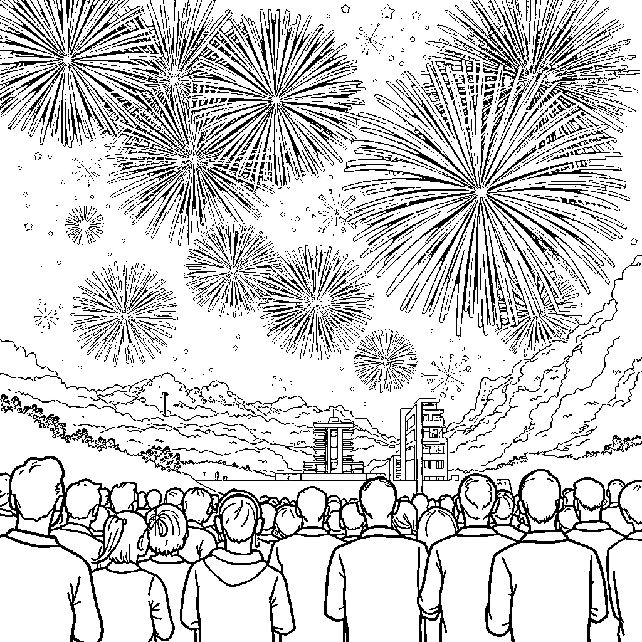 Firework display over a crowd of people Coloring Page (free black-and-white line drawing printable PDF for all, from beginners to advanced learners, including children, teens, adults, and seniors)