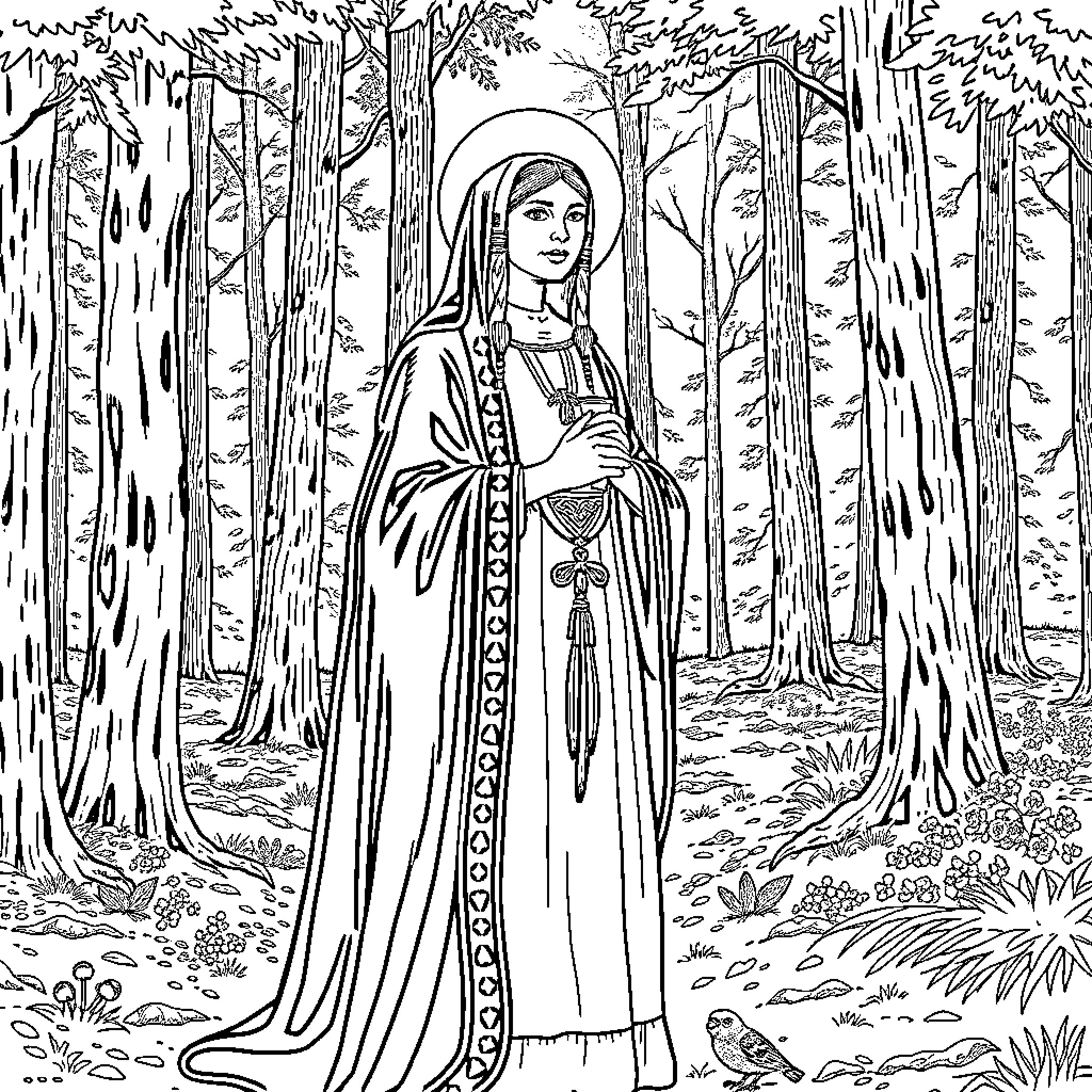 St. Kateri in a serene forest setting Coloring Page (free black-and-white line drawing printable PDF for all, from beginners to advanced learners, including children, teens, adults, and seniors)