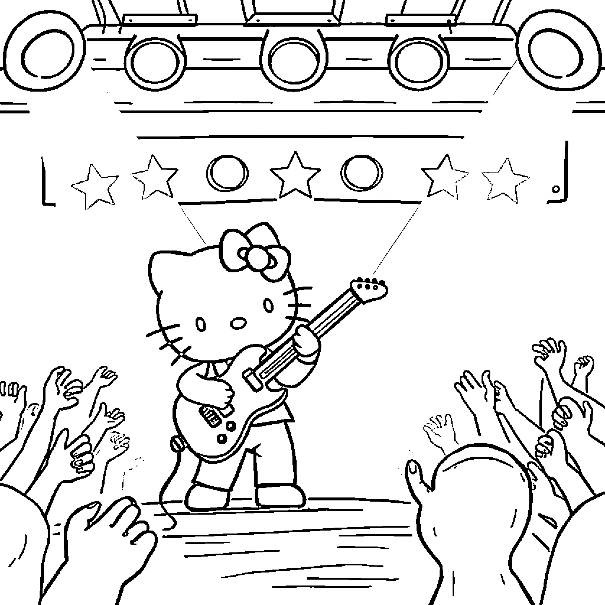 Hello Kitty Rocking Out on Stage Coloring Page (free black-and-white line drawing printable PDF for all, from beginners to advanced learners, including children, teens, adults, and seniors)