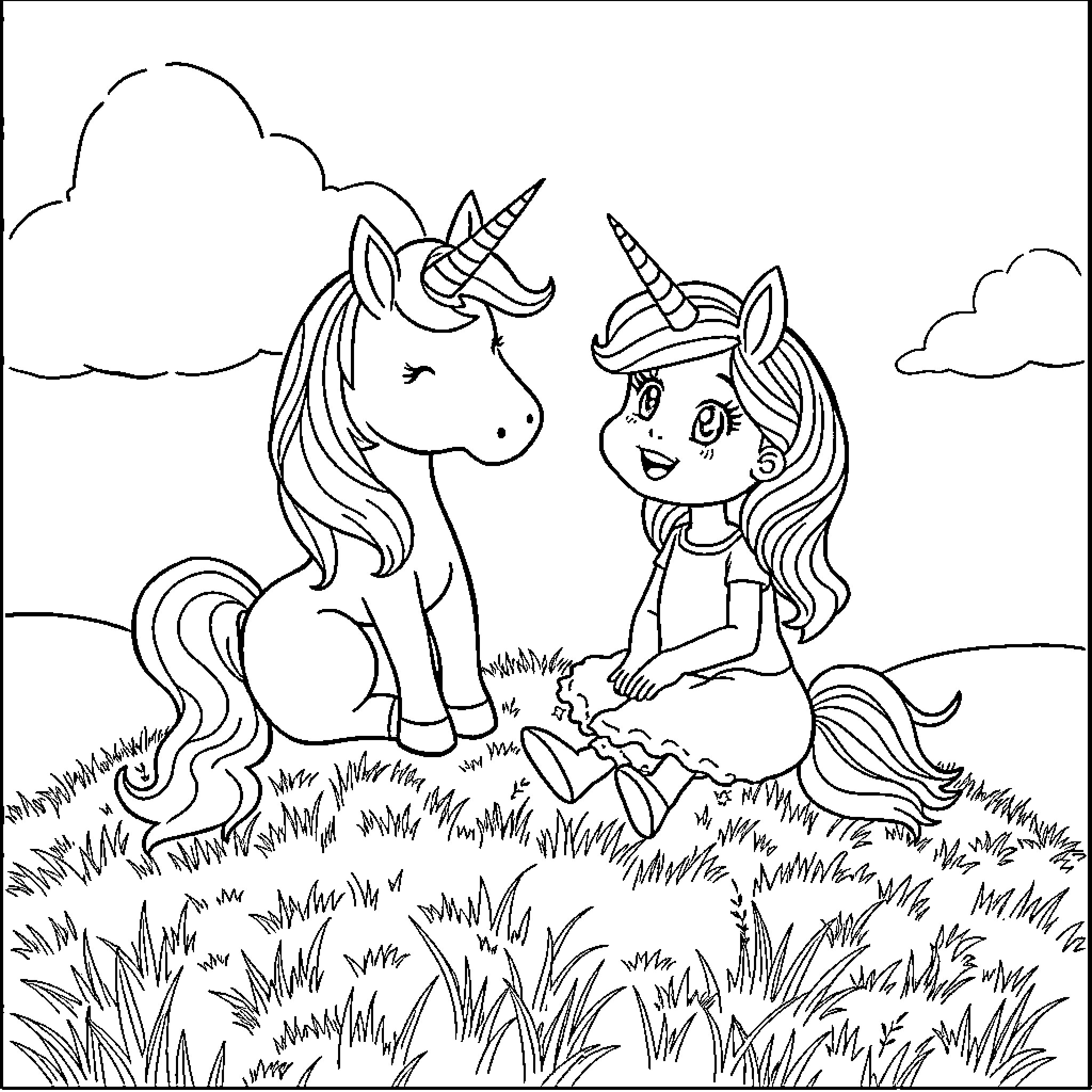 Gabby and her unicorn friend enjoy the outdoors Coloring Page (free black-and-white line drawing printable PDF for all, from beginners to advanced learners, including children, teens, adults, and seniors)