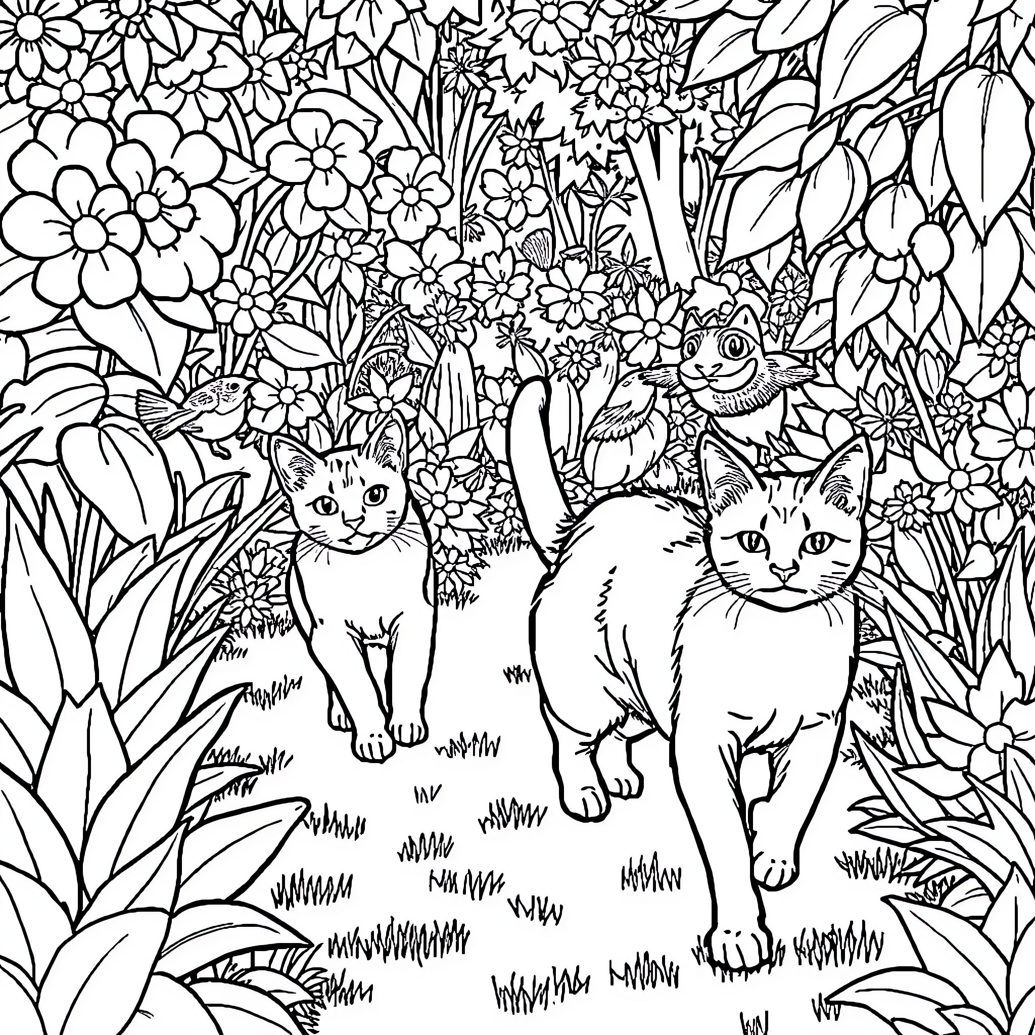 Cats exploring a lush floral garden Coloring Page (free black-and-white line drawing printable PDF for all, from beginners to advanced learners, including children, teens, adults, and seniors)