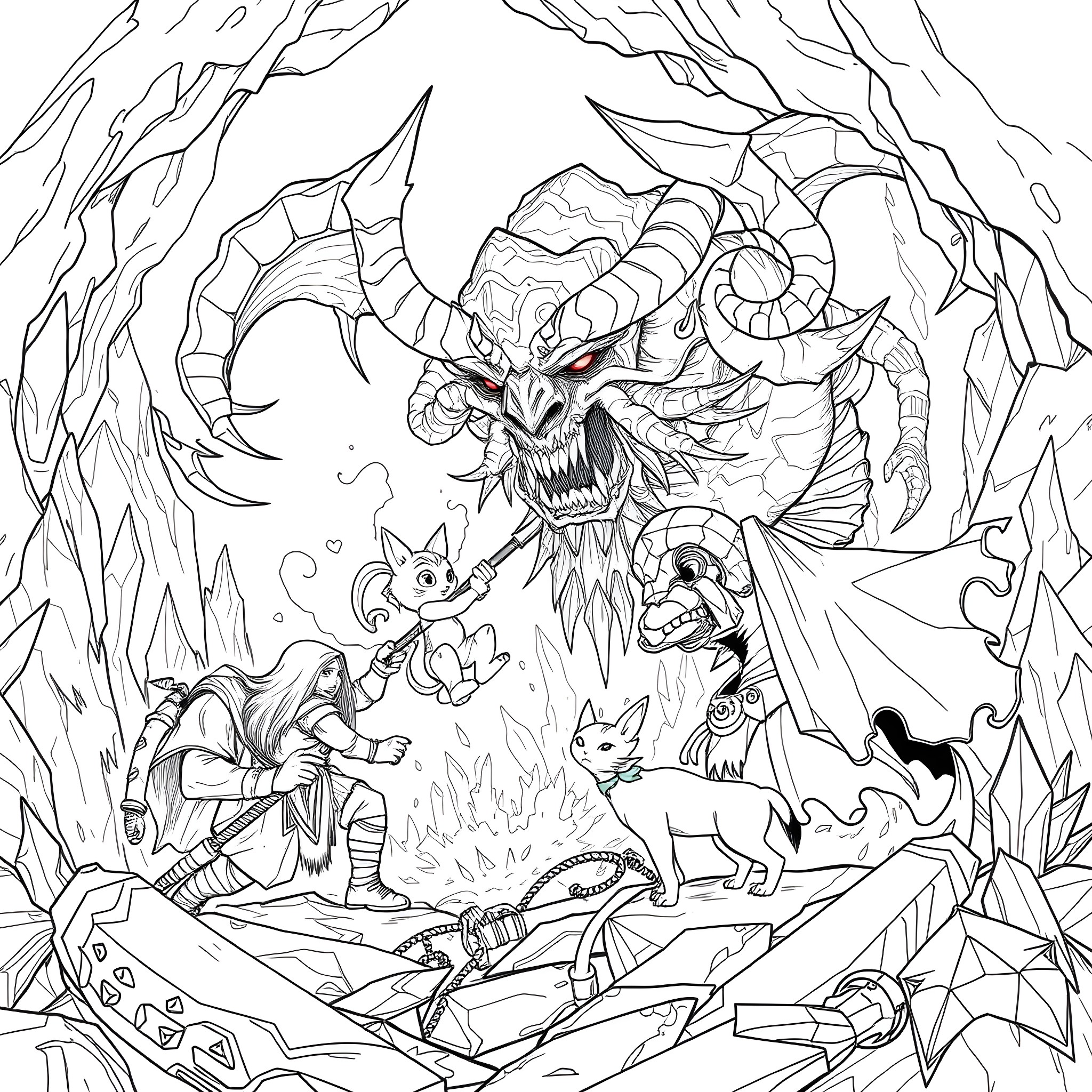Beholder of the Mystical Realm's Inhabitants Coloring Page (free black-and-white line drawing printable PDF for all, from beginners to advanced learners, including children, teens, adults, and seniors)
